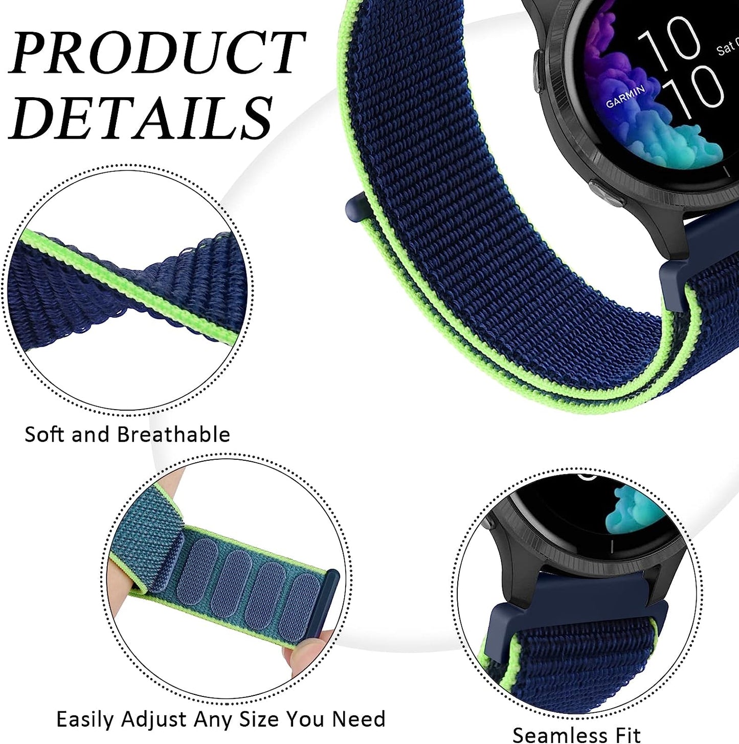 2 Pack Bands for Garmin Venu / Venu 2 plus / Venu Sq Watch Band Women Men, Soft Nylon Adjustable Replacement Wristband Strap for Garmin Vivomove Sport, Vivoactive 3 / 3 Music, Forerunner 645 / 245 Music Smart Watch  Wanme   