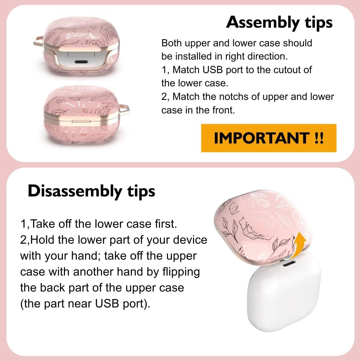 TATOFY Case for Galaxy Buds 2 Pro, Galaxy Buds 2, Galaxy Buds Pro, Galaxy Buds Live, Golden Leaf Golden Flower Hard Case with Carabiner, Support Wireless Charging, LED Visible (Pink & Golden)  TATOFY   