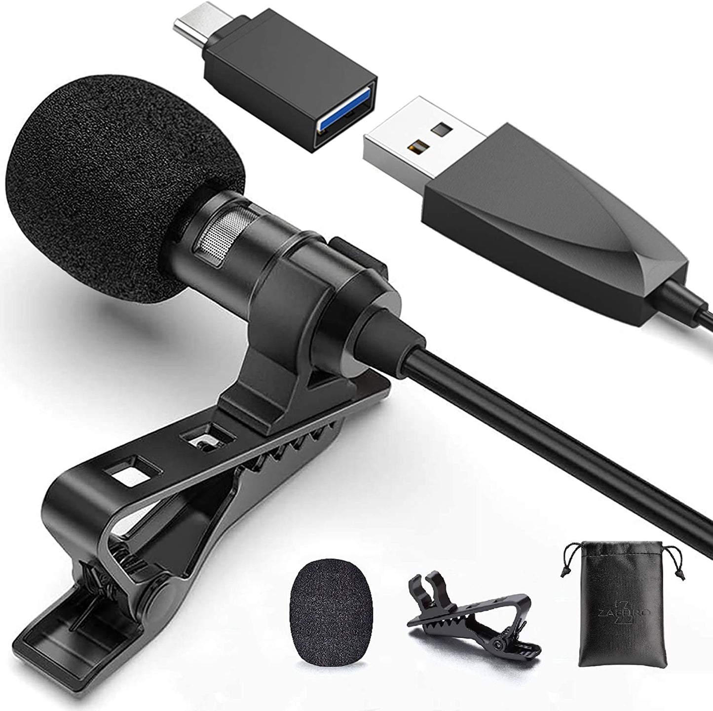 USB Lavalier Lapel Microphone for Video Recording Podcasting Streaming, USB C Clip-On Computer Microphones, Plug & Play Omnidirectional Condenser Lav Mic for Android Phone PC Laptop Mac Macbook PS4  Z ZAFFIRO   