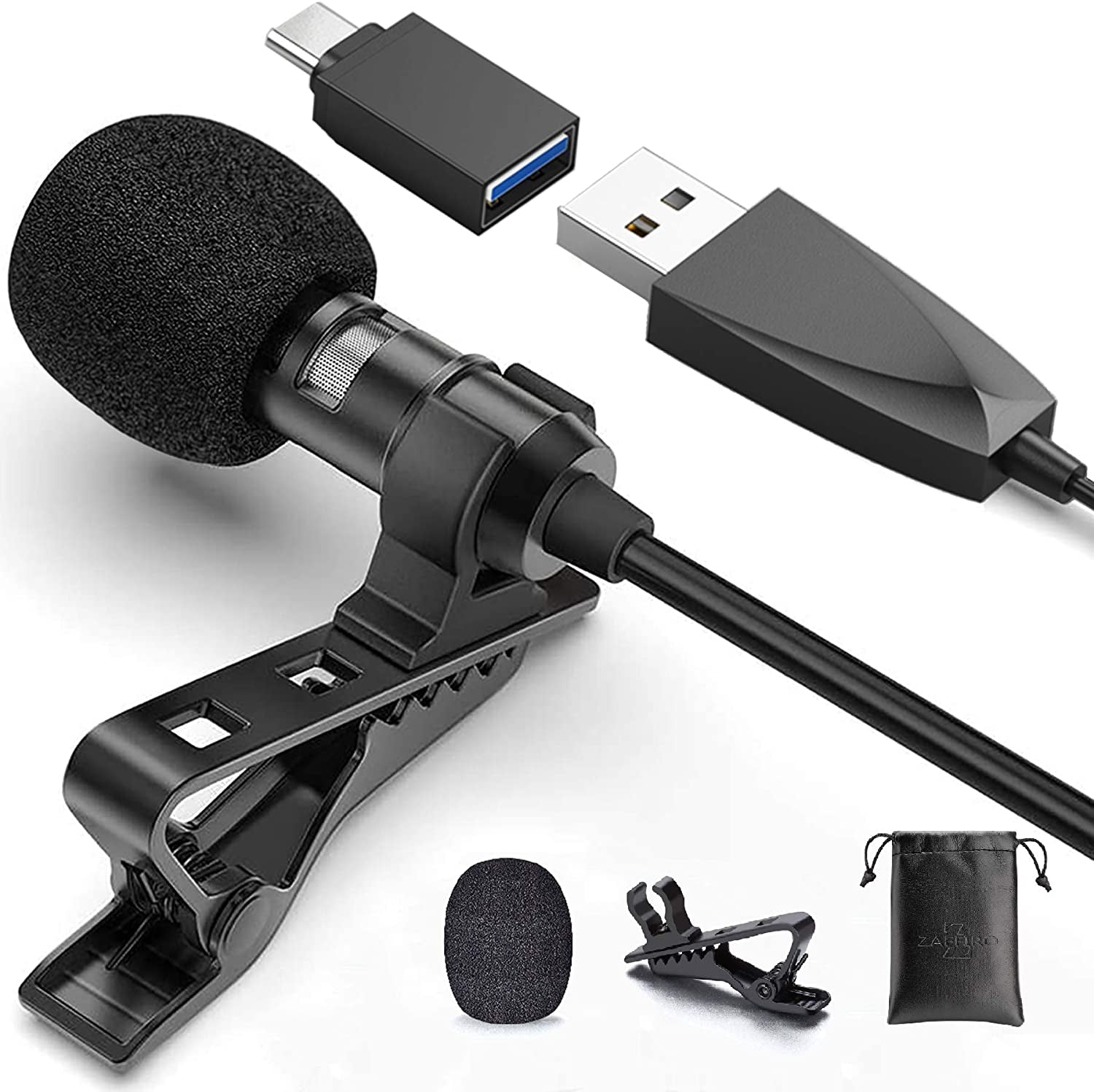 USB Lavalier Lapel Microphone for Video Recording Podcasting Streaming, USB C Clip-On Computer Microphones, Plug & Play Omnidirectional Condenser Lav Mic for Android Phone PC Laptop Mac Macbook PS4  Z ZAFFIRO   