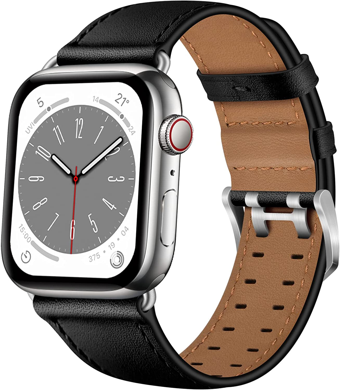 OUHENG Leather Bands Compatible with Apple Watch Band 49Mm 45Mm 44Mm 42Mm, Genuine Leather Replacement Band Strap Wristband for Iwatch Ultra Series 8 7 6 5 4 3 2 1 SE2 SE Men Women, Retro Brown/Black  OUHENG Black/Silver 49mm/45mm/44mm/42mm 