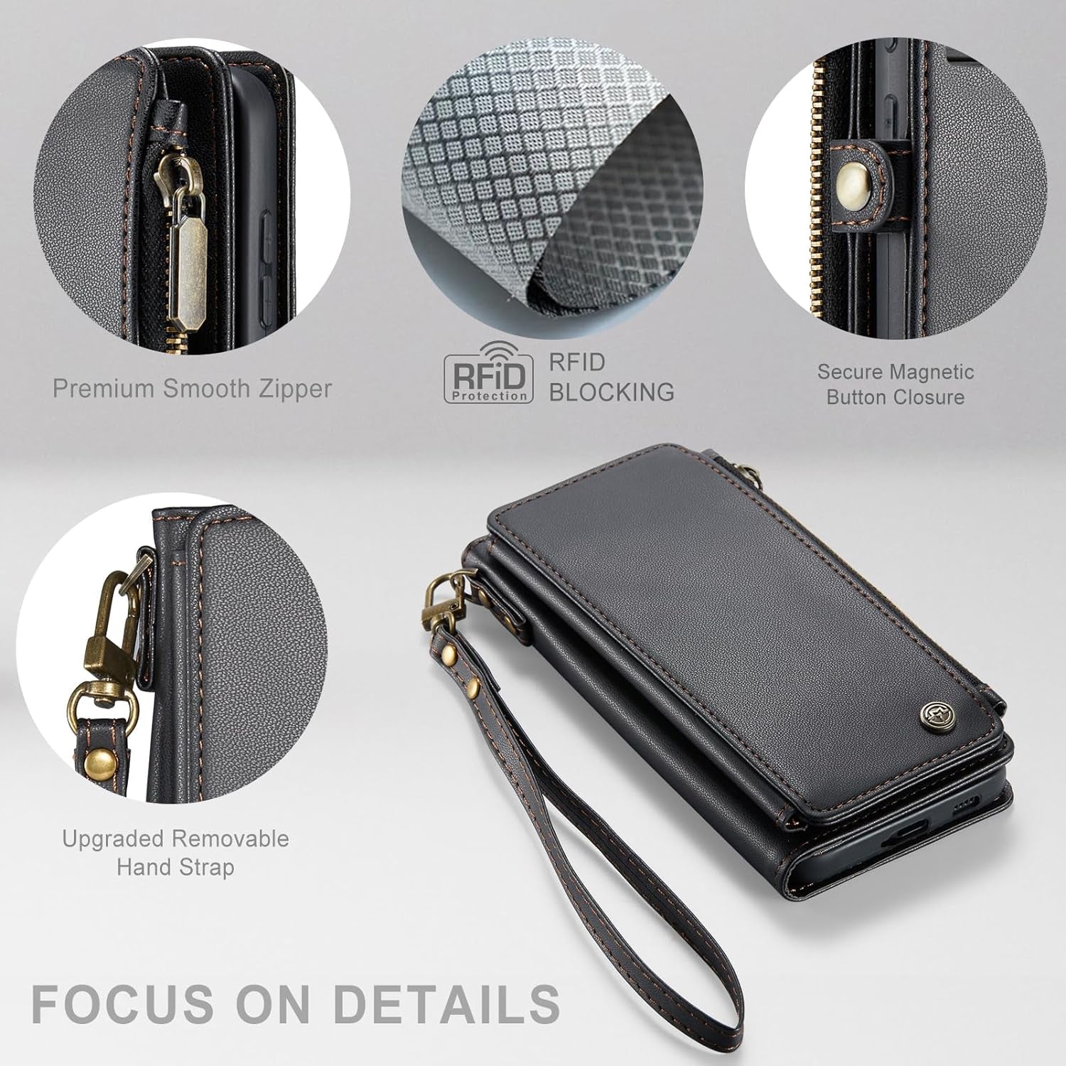 Defencase for Samsung Galaxy S21 Case, RFID Blocking Galaxy S21 Case Wallet for Women and Men with Card Holder, PU Leather Wrist Strap Zipper Pocket Magnetic Flip Phone Case for Samsung S21 5G, Black  Defencase   