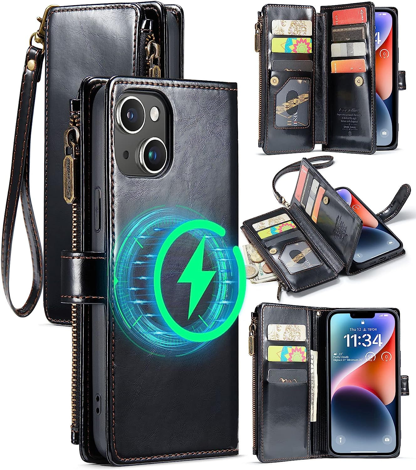 FLIPALM Wallet Case for Iphone 14 Pro(6.1") Flip Case,Compatible with Magsafe Charger,Pu Leather Zipper Protective Lanyard Strap Wristlet Case with Magnetic Closure and Card Holder Luxury Coffee  FLIPALM Luxury Black iPhone 14 Plus 