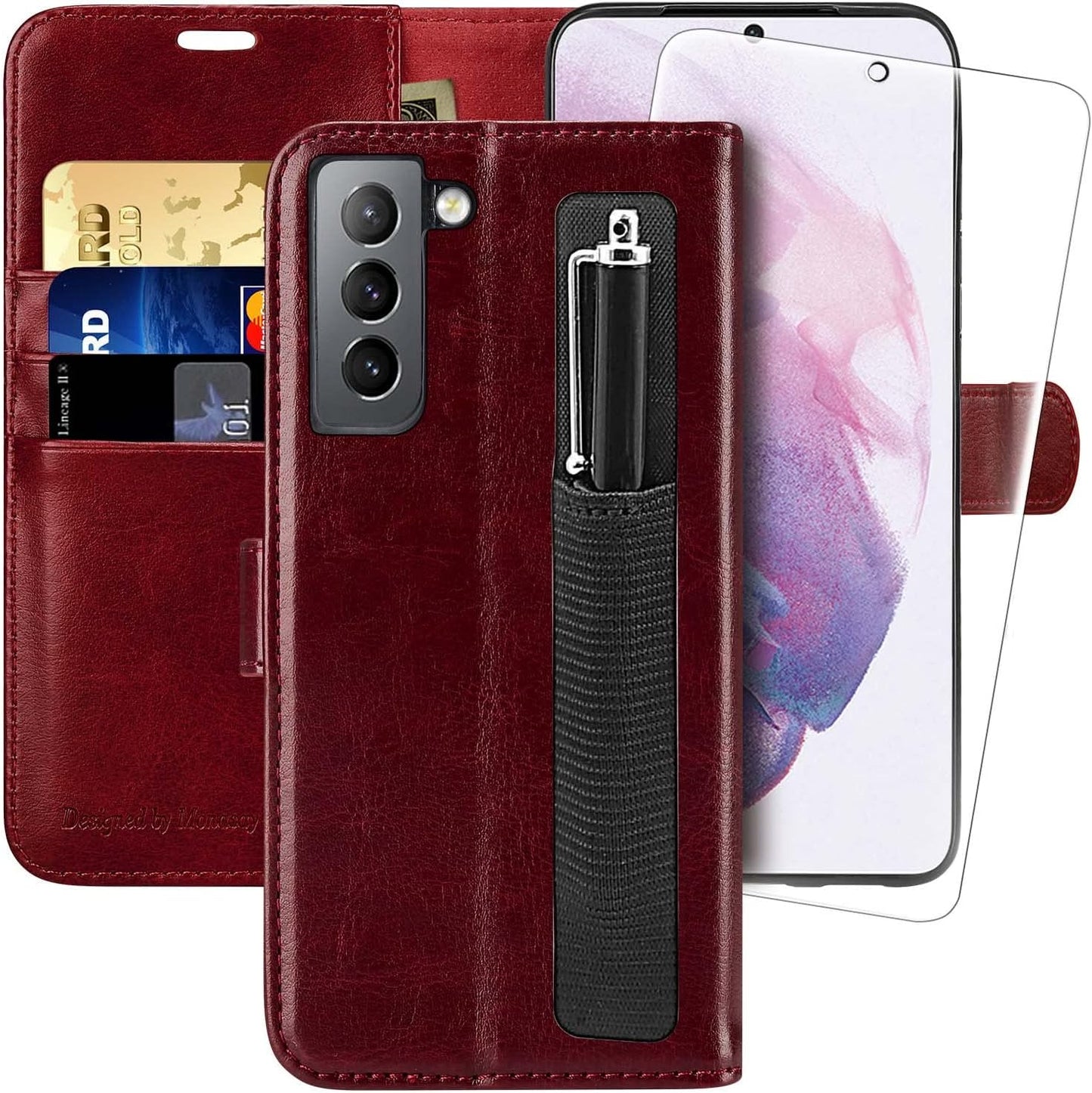 MONASAY Wallet Case for Galaxy S21+Plus 5G, 6.7 Inch [Screen Protector Included][Rfid Blocking] Flip Folio Leather Cell Phone Cover with Credit Card Holder, Lavenders  MONASAY Wine Red  