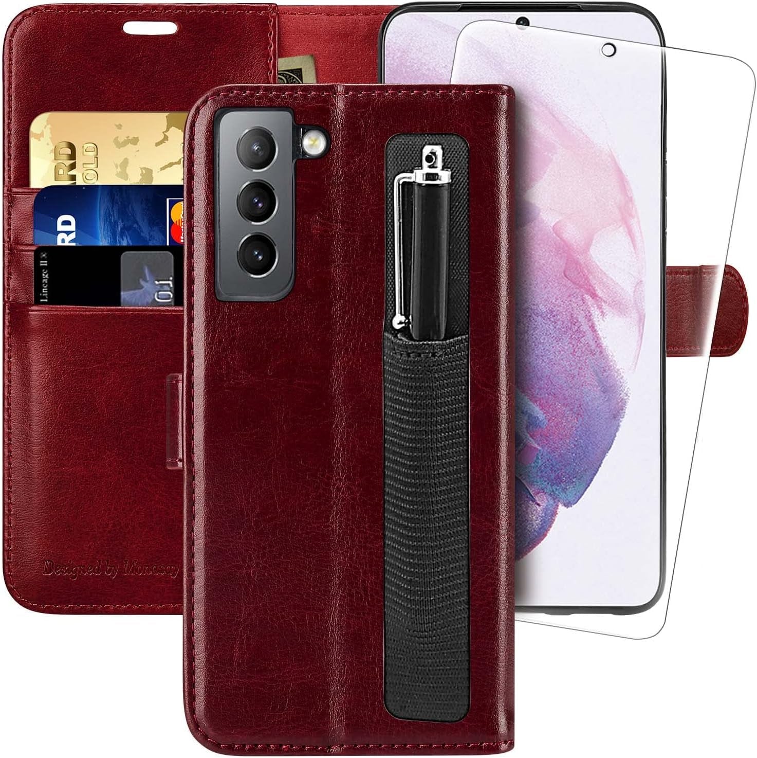 MONASAY Wallet Case for Galaxy S21+Plus 5G, 6.7 Inch [Screen Protector Included][Rfid Blocking] Flip Folio Leather Cell Phone Cover with Credit Card Holder, Lavenders  MONASAY Wine Red  