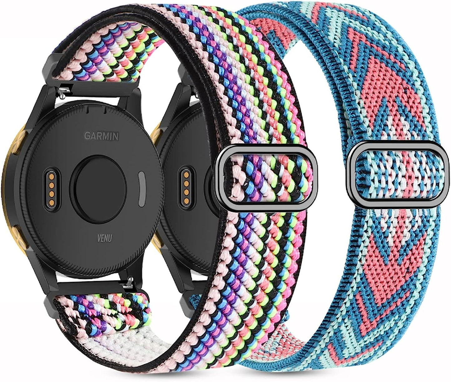2 Pack Stretchy Nylon Watch Bands Compatible with Garmin Venu/Venu Sq, 20Mm Loop Elastic Straps for Garmin Vivoactive 3,Venu 2 Plus/Venu Sq 2,Forerunner 645/55/245 Music for Women Men.  Kollody Doublemint/Colorful  