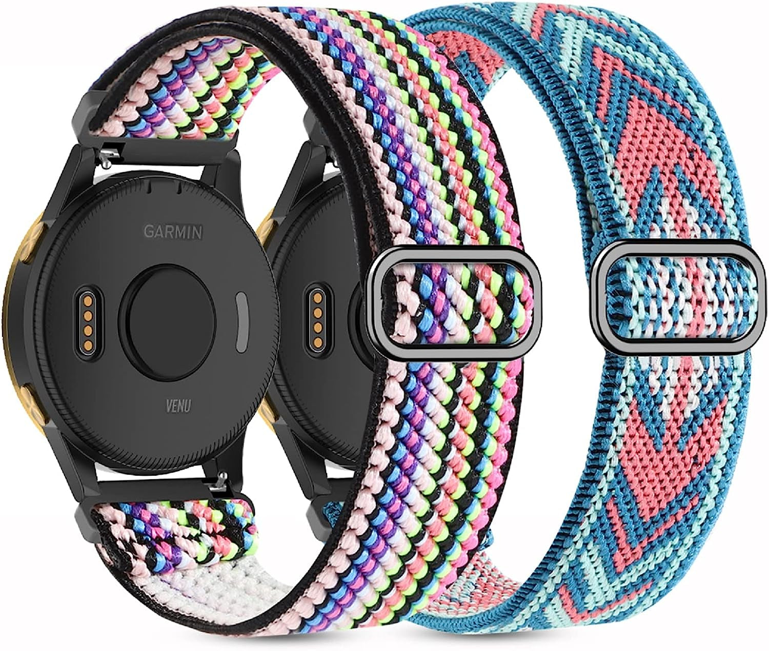 2 Pack Stretchy Nylon Watch Bands Compatible with Garmin Venu/Venu Sq, 20Mm Loop Elastic Straps for Garmin Vivoactive 3,Venu 2 Plus/Venu Sq 2,Forerunner 645/55/245 Music for Women Men.  Kollody Doublemint/Colorful  