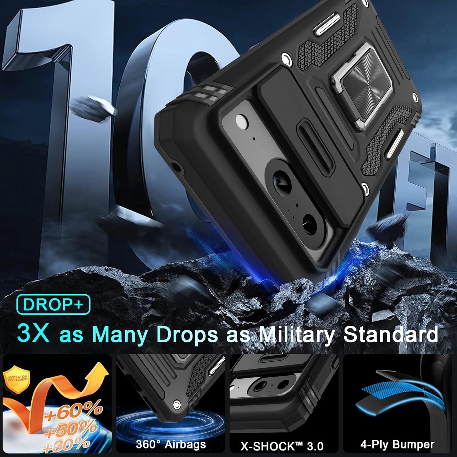 DEERLAMN for Google Pixel 8 Case with Slide Camera Cover+Screen Protector (1 Pack), Rotated Ring Kickstand Military Grade Shockproof Heavy Duty Protective Cover -Black  DEERLAMN   