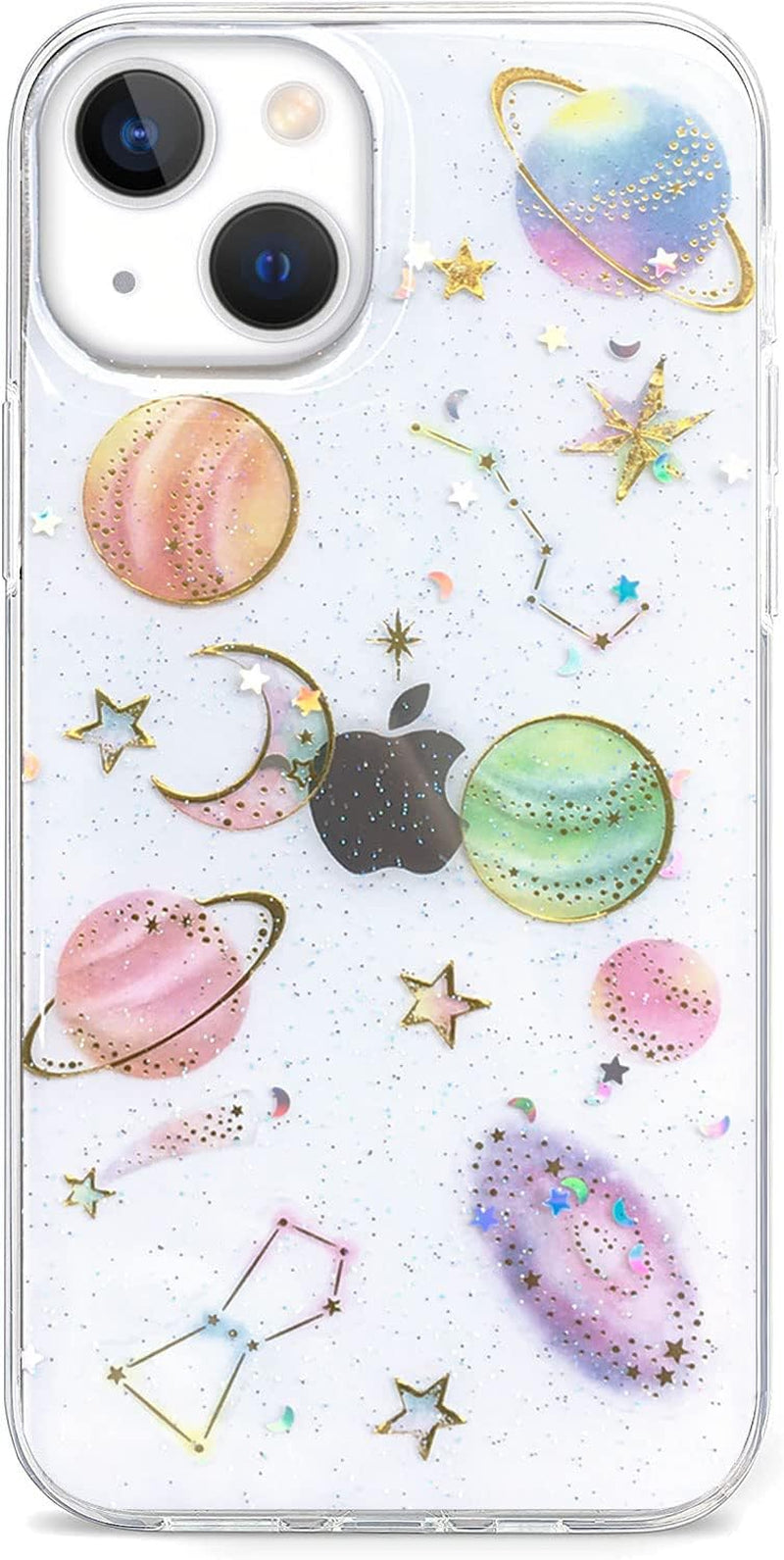 Abbery Designed for Iphone 13 Pressed Flower Case, Cute Clear with Design Bling Glitter Sparkle Soft TPU Transparent Dried Real Flower Floral Aesthetic Case for Women Girls (3 Pink Flower)  Abbery Planet  