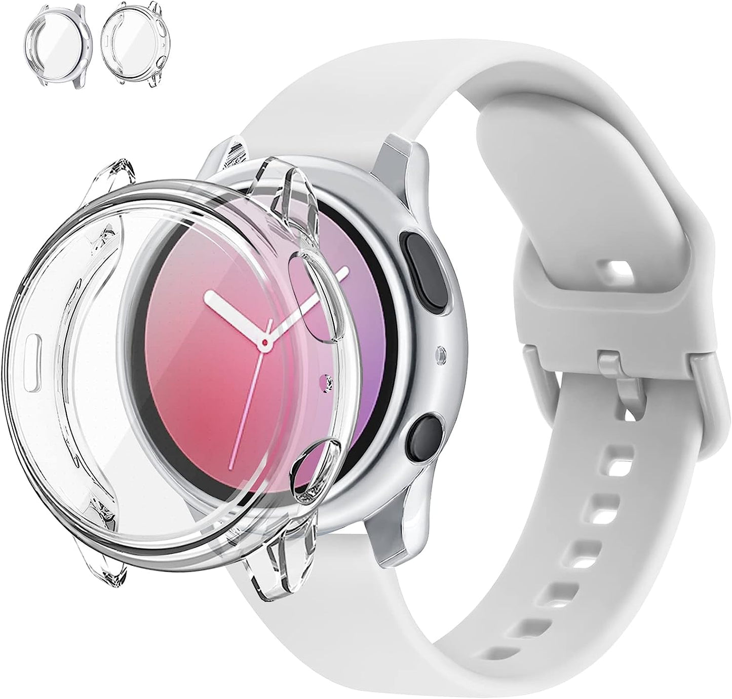 Mugust Screen Protector Cases with Band Compatible for Samsung Galaxy Watch Active 2 40Mm & 44Mm, TPU Protective Case Band Silicone Sport Wristband Strap for Men Women  Mugust White (Clear+Silver) for Galaxy Watch Active 2 40mm 