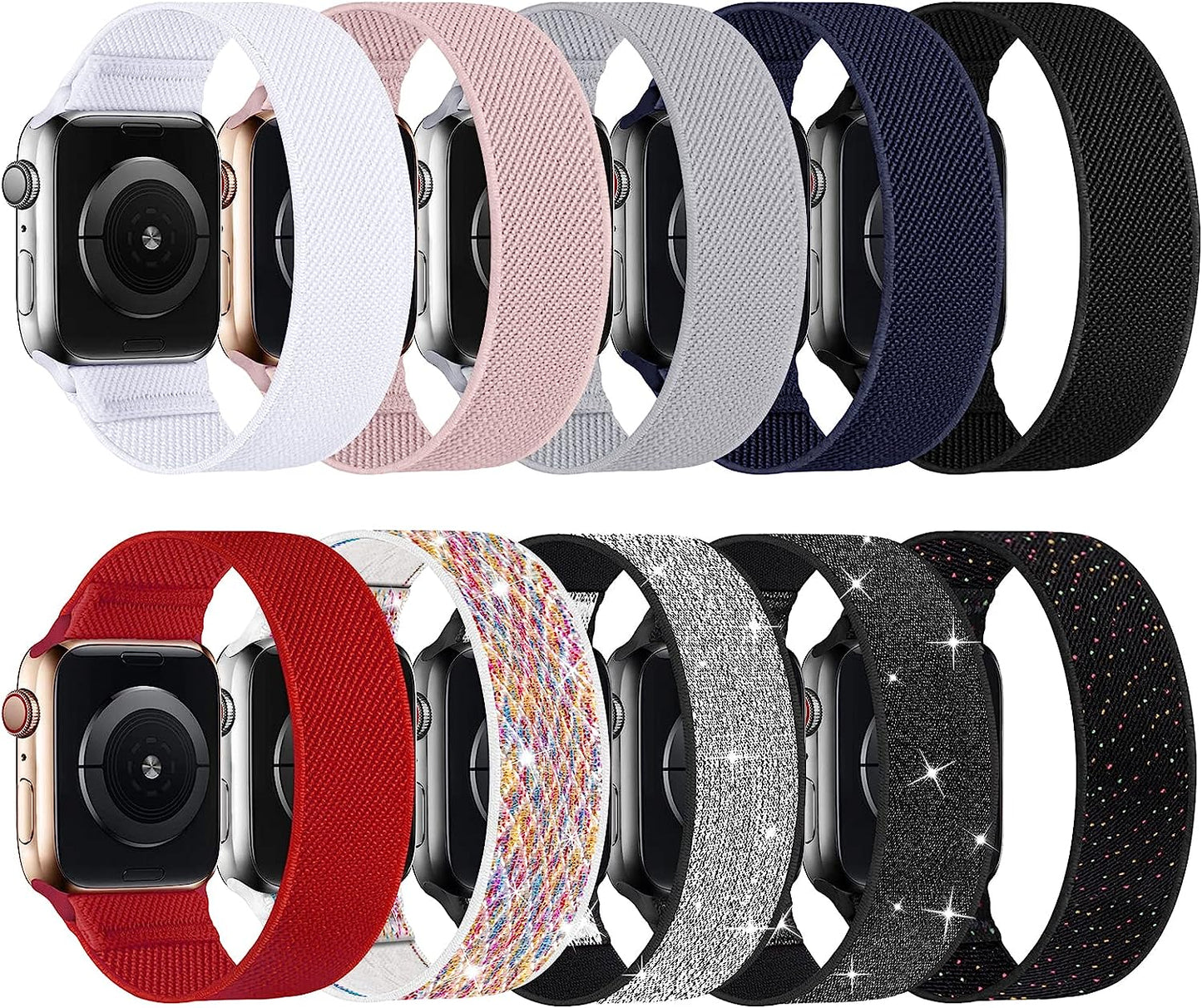 ENJINER Stretchy Nylon Solo Loop Bands Compatible with Apple Watch 38Mm 40Mm 41Mm 42Mm 44Mm 45Mm 49Mm Ultra Iwatch Series 8 7 SE 6 5 4 3 2 1 Strap, Sport Elastic Braided Women Men No Buckles Clasps Replacement Wristband  ENJINER 10A-Black/White/Pink Sand/Deep Navy Blue/Black Unity/Red/Storm Gray/Shining Black/Shining Mermaid/Shining Silver 42/44/45/49mm S(wrists 5.71"-6.77"/145-172mm) 