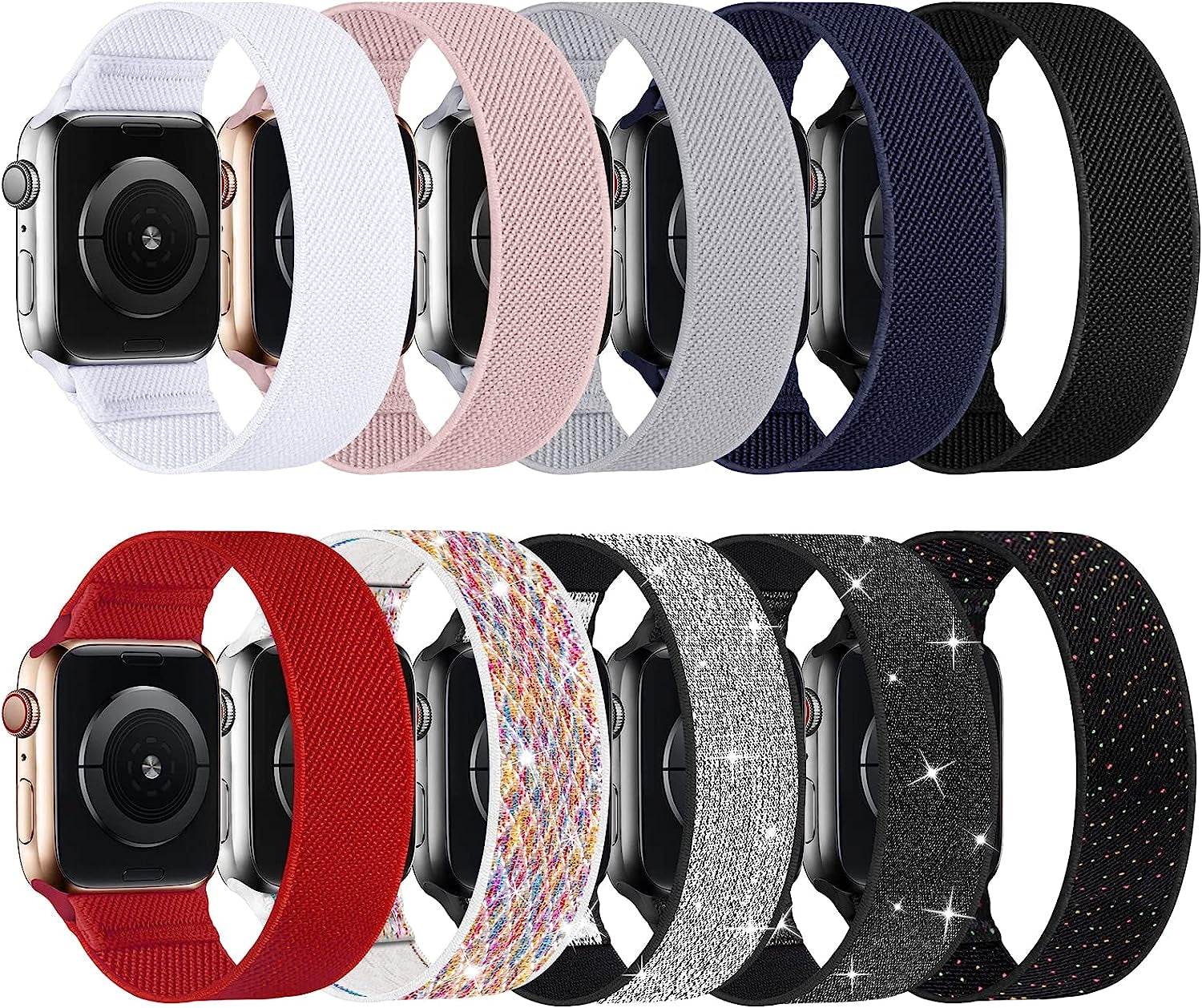 ENJINER Stretchy Nylon Solo Loop Bands Compatible with Apple Watch 38Mm 40Mm 41Mm 42Mm 44Mm 45Mm 49Mm Ultra Iwatch Series 8 7 SE 6 5 4 3 2 1 Strap, Sport Elastic Braided Women Men No Buckles Clasps Replacement Wristband  ENJINER 10A-Black/White/Pink Sand/Deep Navy Blue/Black Unity/Red/Storm Gray/Shining Black/Shining Mermaid/Shining Silver 42/44/45/49mm S(wrists 5.71"-6.77"/145-172mm) 