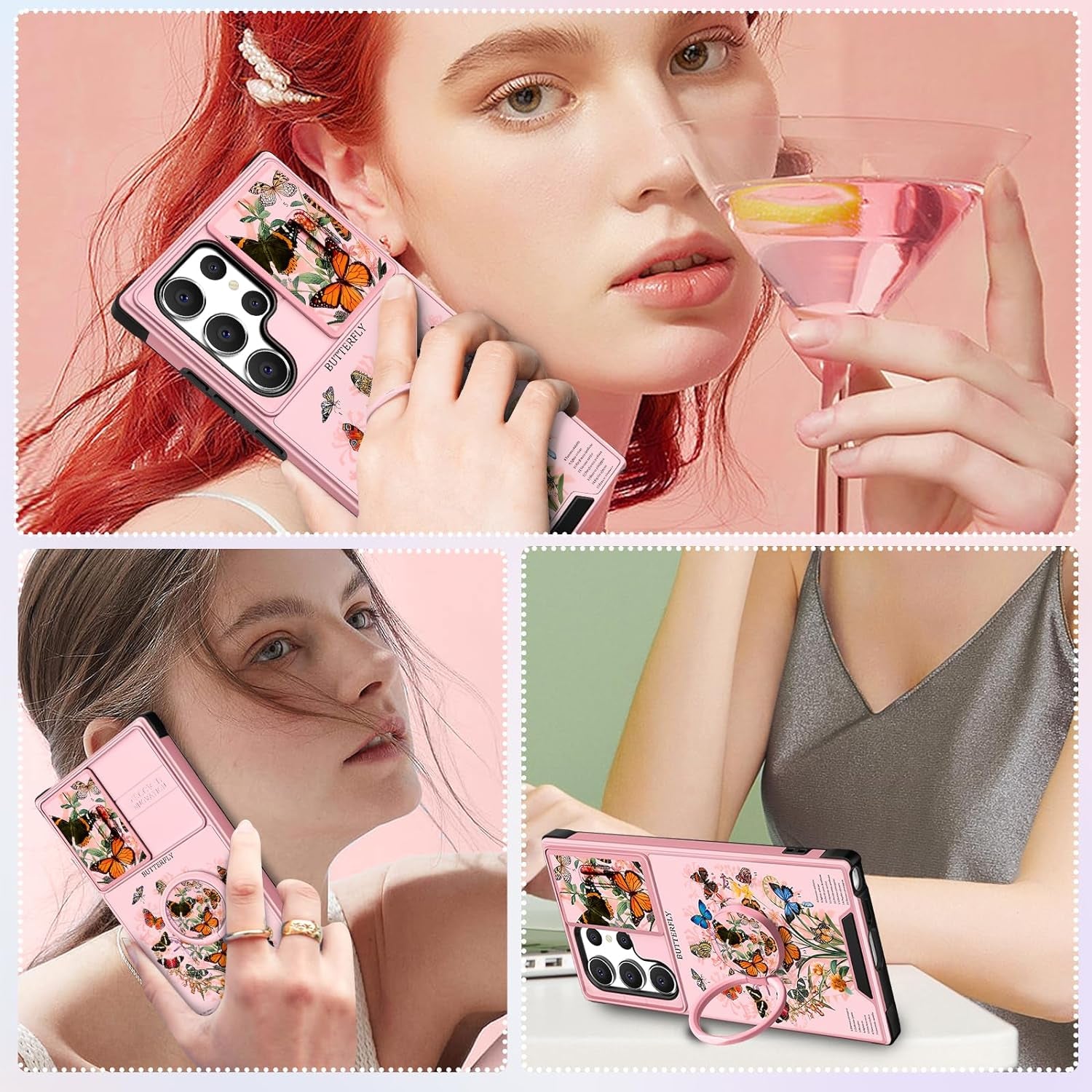 Funermei (2In1 for Samsung Galaxy S22 Ultra Case for Women Cute Butterfly Girls Phone Cover Girly Pretty Aesthetic Butterfly Design with Camera Cover and Ring Stand Funda for S22 Ultra Case 5G  Funermei   