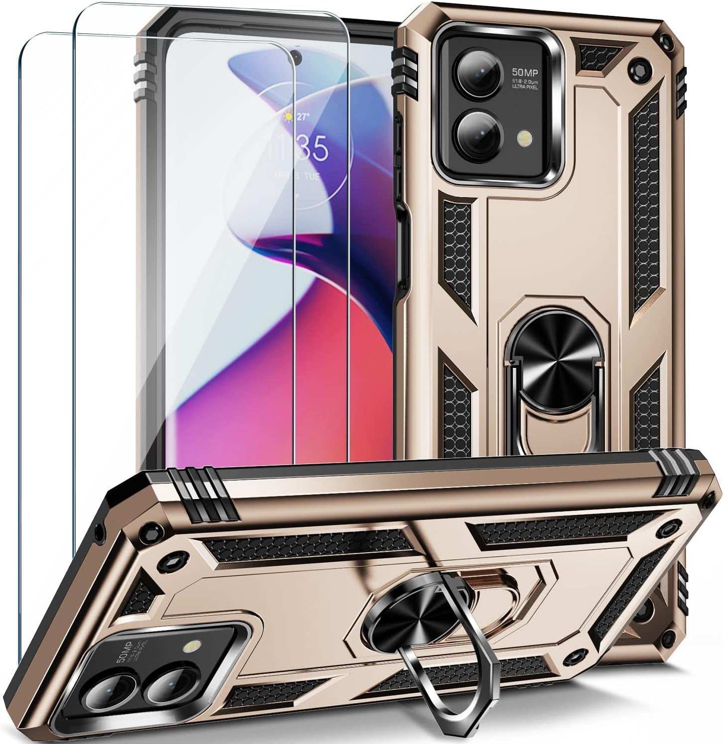 𝟮𝟬𝟮𝟯 𝗡𝗘𝗪 for Moto G Stylus 5G 2023 Case with [2 Packs] Tempered Glass Screen Protector,[Military-Grade] Rugged Full Body Shockproof Case with Kickstand for Motorola Moto G Stylus 5G 2023,Purple  Pevezeda Gold  