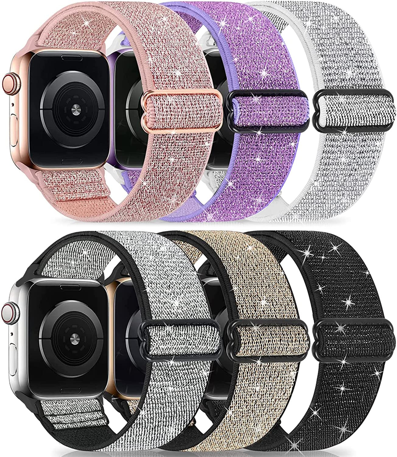 Adjustable Elastics Band Compatible with Apple Watch 38Mm 40Mm 41Mm 42Mm 44Mm 45Mm, Sport Solo Loop Stretch Nylon Replacement Wristband for Iwatch SE Series 8 7 6 5 4 3 2 1  LHXYUO Shining-Black/Shining-Gold/Shining-Pink/Shining-Silver/Black Silver/Shining-Purple 42/44/45mm 