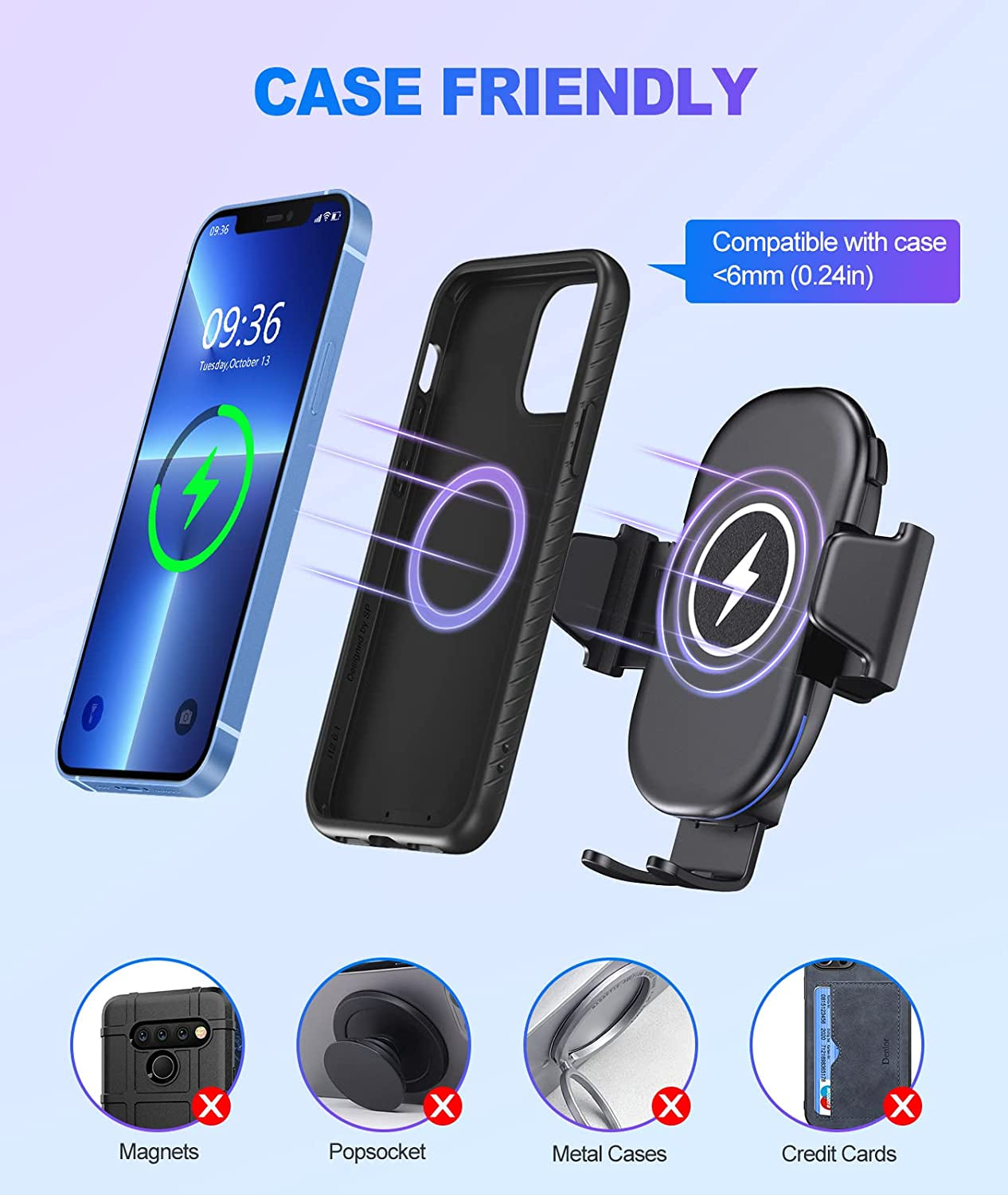 Wireless Car Charger, OBRFFE 15W Qi Car Phone Holder Mount Wireless Charging with QC3.0 Adapter, Fast Charging Phone Mount for Car Compatible with Iphone 14 13 12 11 Pro Max, Samsung Galaxy S23/S22  OBRFFE   