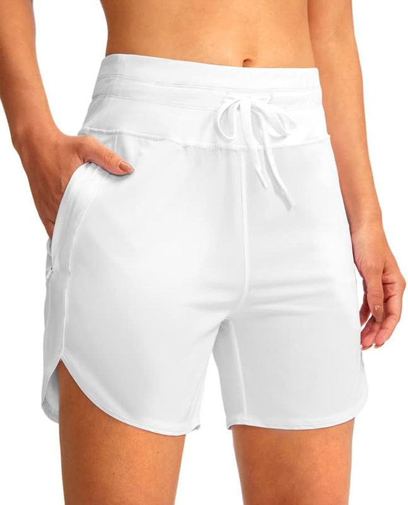 YYV Women'S 5" Running Athletic Shorts High Waisted Lightweight Workout Shorts for Women with Zipper Pockets  YYV White Large 