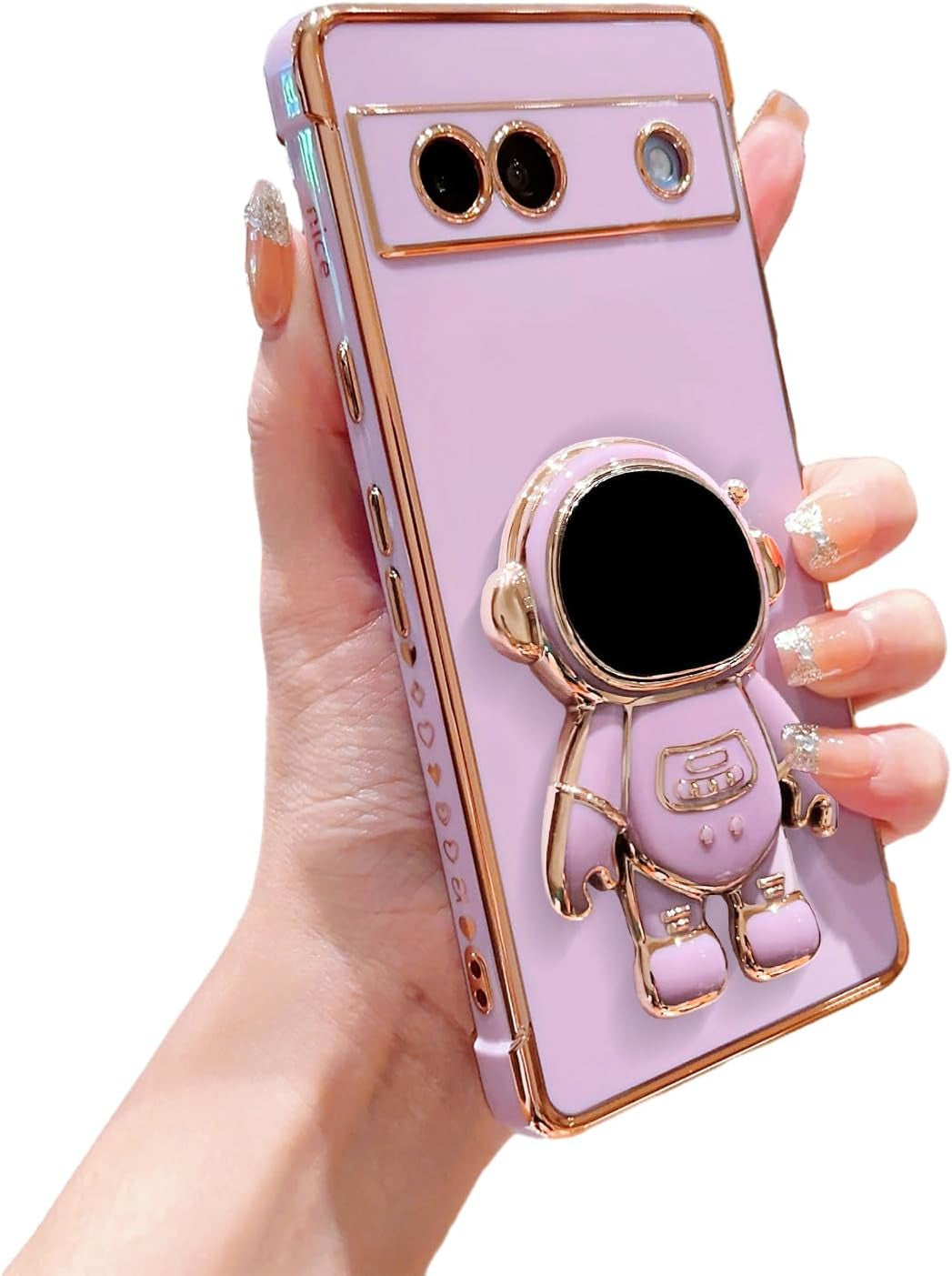 Phylla Phone Case for Google Pixel 7A 6.1” 5G,Luxury Plating Astronaut Stand Holder Phone Case with Cute Love Heart Side Small Pattern Soft Silicone Shockproof Kickstand Cover Bumper (White)  phylla Purple  