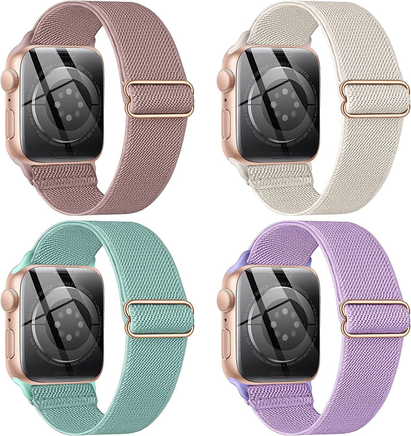 CTYBB 4 Pack Stretchy Nylon Solo Loop Bands Compatible with Apple Watch 40Mm 38Mm 44Mm 49Mm 45Mm 42Mm 41Mm, Adjustable Braided Elastic Sport Straps Womens Men Wristbands for Iwatch Series 8 7 6 5 4 3 2 1 SE Ultra  CTYBB Pink/Starlight/Mint Green/Lavender 41mm/40mm/38mm 