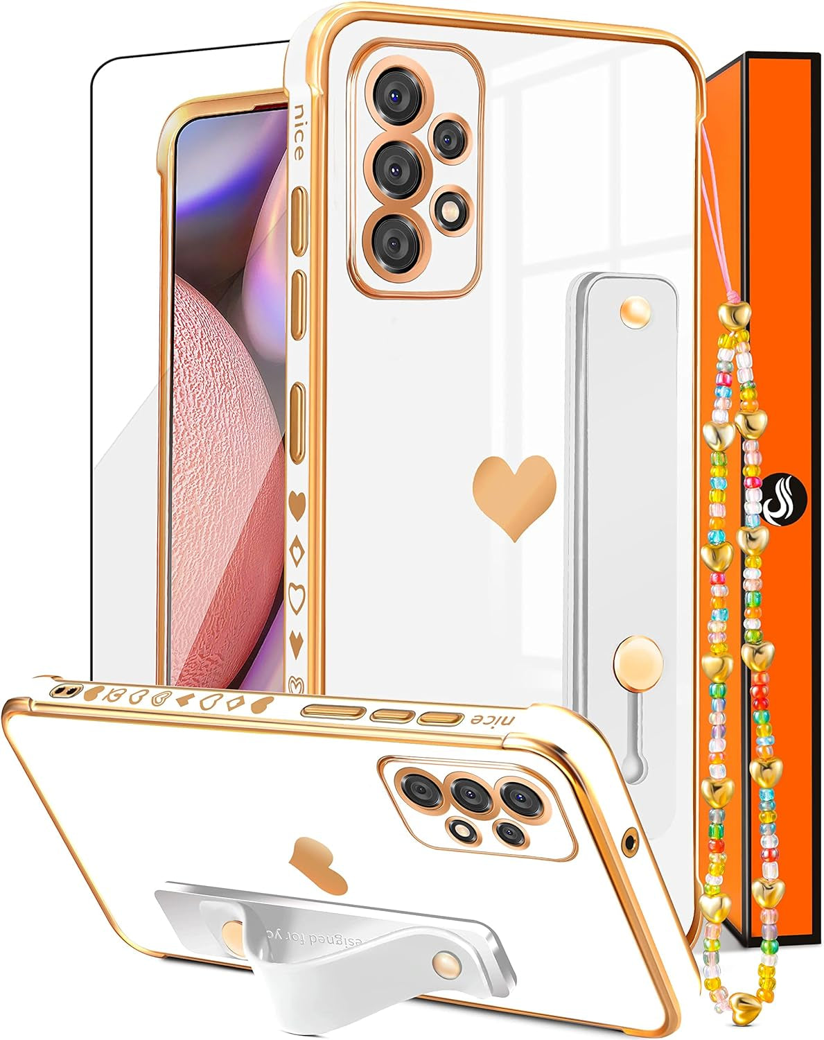 Likiyami (3In1 for Samsung Galaxy A53 5G Case Heart Women Girls Cute Girly Aesthetic Trendy Luxury Pretty with Loop Phone Cases Blue and Gold Plating Love Hearts Cover+Screen+Chain for A53 5G -6.5''  Likiyami Only For Samsung Galaxy A53 5G-White  