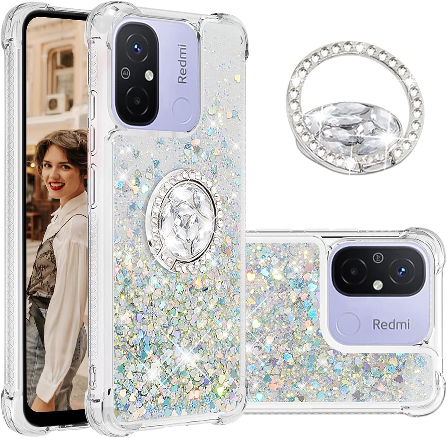 Tncavo for Xiaomi Redmi 12C Case for Woman, Moving Liquid Holographic Sparkle Glitter Cases with Diamond Ring Soft Clear TPU Luxury Girly Cute Phone Cover for Xiaomi Redmi 12C LSZ Silver  Tncavo   
