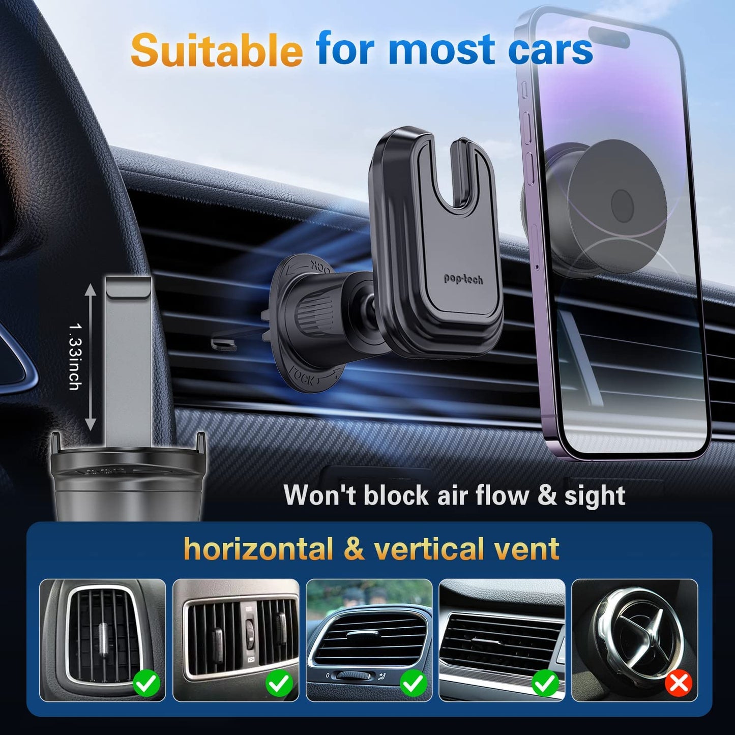 Pop-Tech Car Vent Phone Mount for Socket Grip, Air Vent Clip Phone Holder Compatible with Magsafe Wallet Black & Iphone Samsung Card Holder, Cell Phone Stand with Sticky Adhesive  pop-tech   