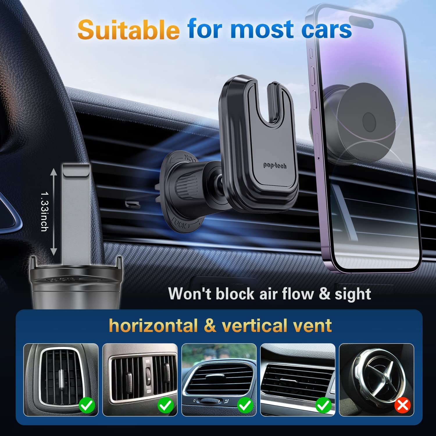 Pop-Tech Car Vent Phone Mount for Socket Grip, Air Vent Clip Phone Holder Compatible with Magsafe Wallet Black & Iphone Samsung Card Holder, Cell Phone Stand with Sticky Adhesive  pop-tech   