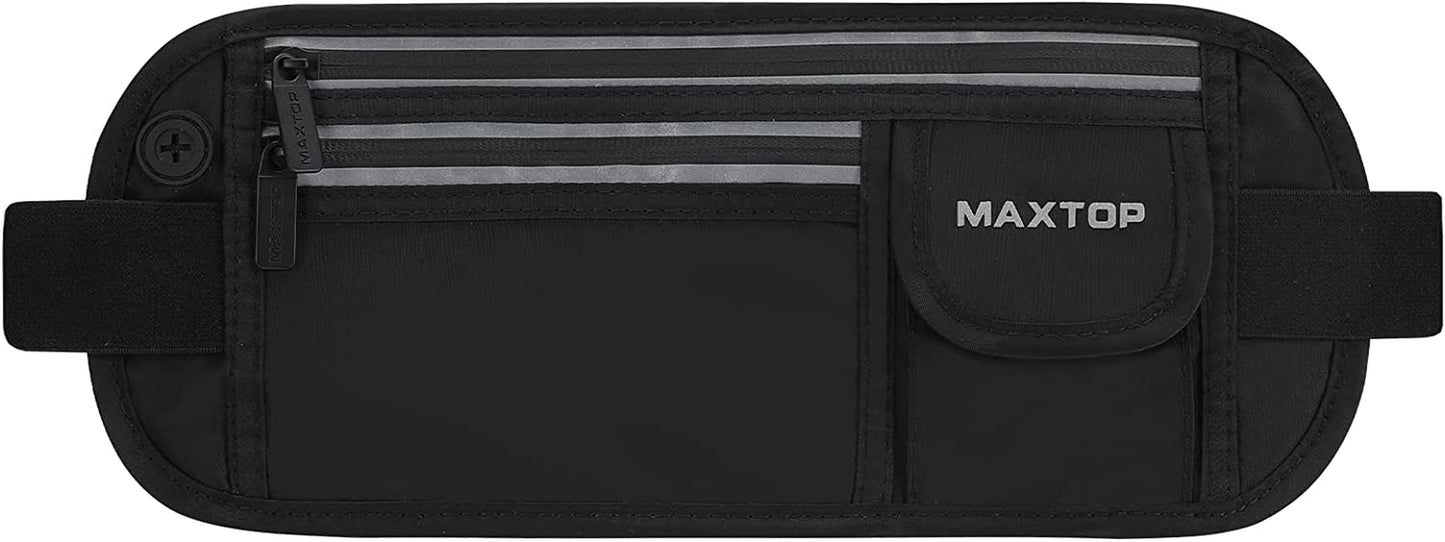 【2 Packs Family Share Bundle】Fanny Packs for Women Men Running Belt Waist Pack Bag for Workout Gym Exercise Walking Hiking Belt Bag Waist Pouch Fits Iphone Cell Phone Holder for Travel Money Belt  MAXTOP Black-Large Running Travel Belt 
