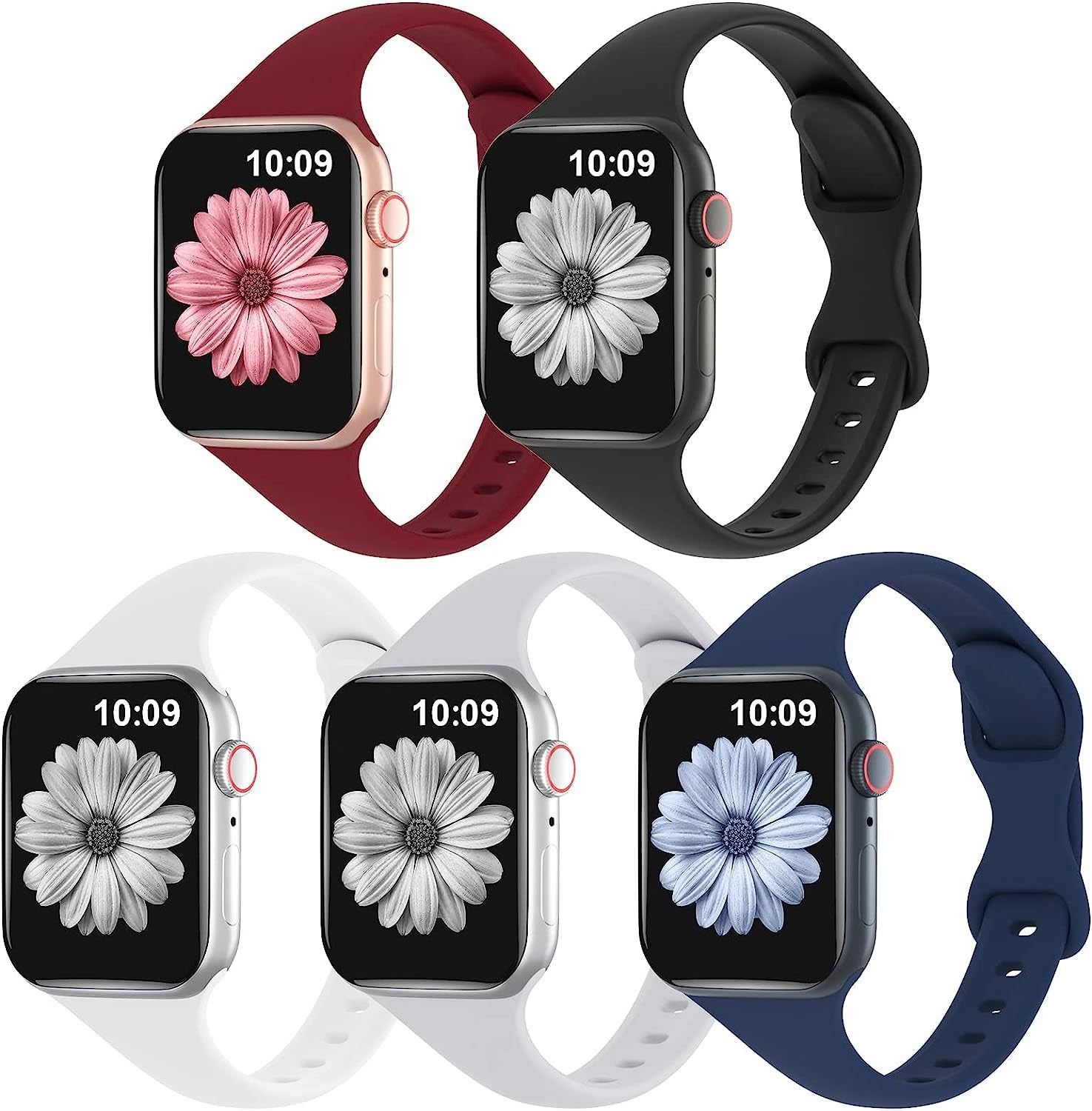 TSAAGAN 5 Pack Silicone Slim Bands Compatible with Apple Watch Band 38Mm 42Mm 40Mm 44Mm 41Mm 45Mm 49Mm, Soft Narrow Sport Strap Thin Wristband for Iwatch Ultra Series 8/7/SE/6/5/4/3/2/1 Women Men  TSAAGAN Black/Wine Red/White/Grey/Navy Blue 42/44/45/49mm 
