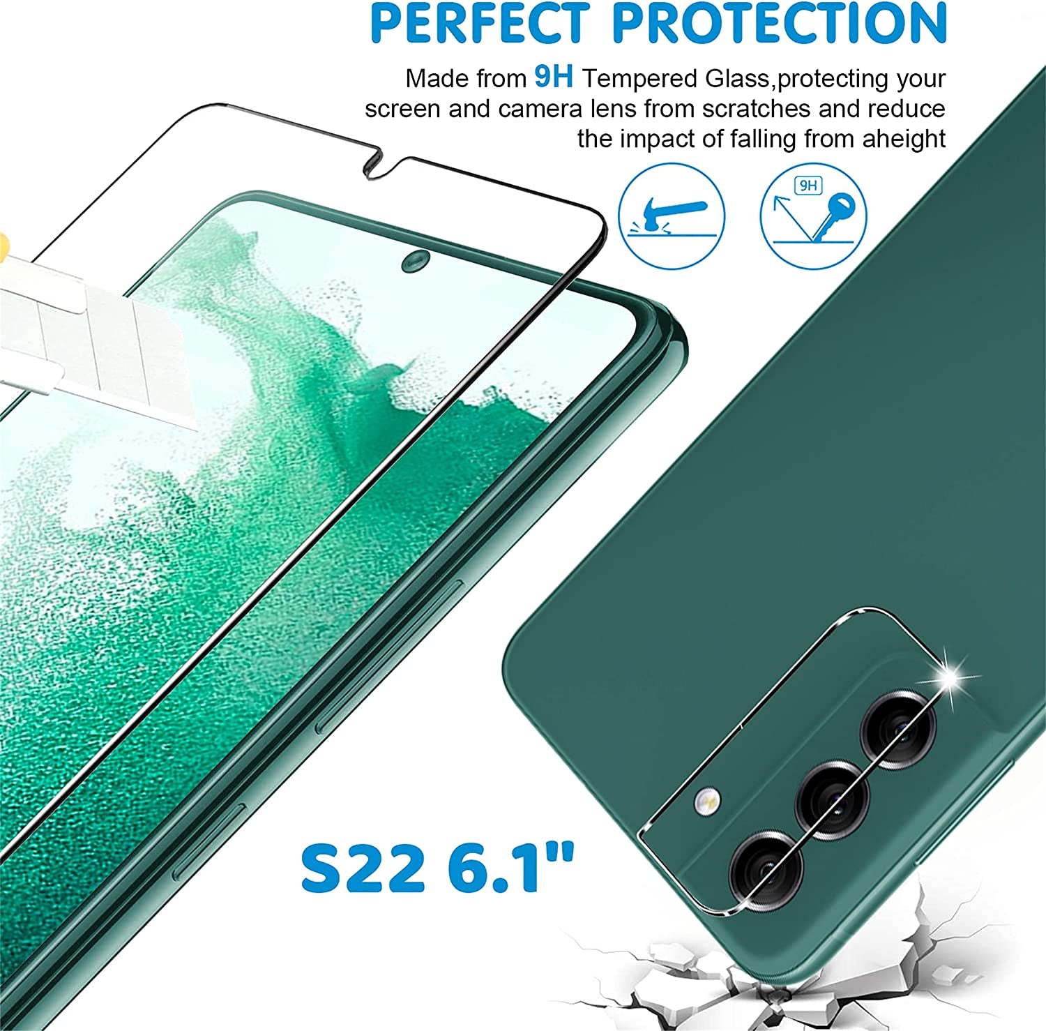Arshek [3+3 Pack] Glass Screen Protector for Samsung Galaxy S22 5G, 9H Tempered Glass, Ultrasonic Fingerprint Compatible, HD Clear, Case Friendly for Galaxy S22 Glass Screen Protector  Arshek   