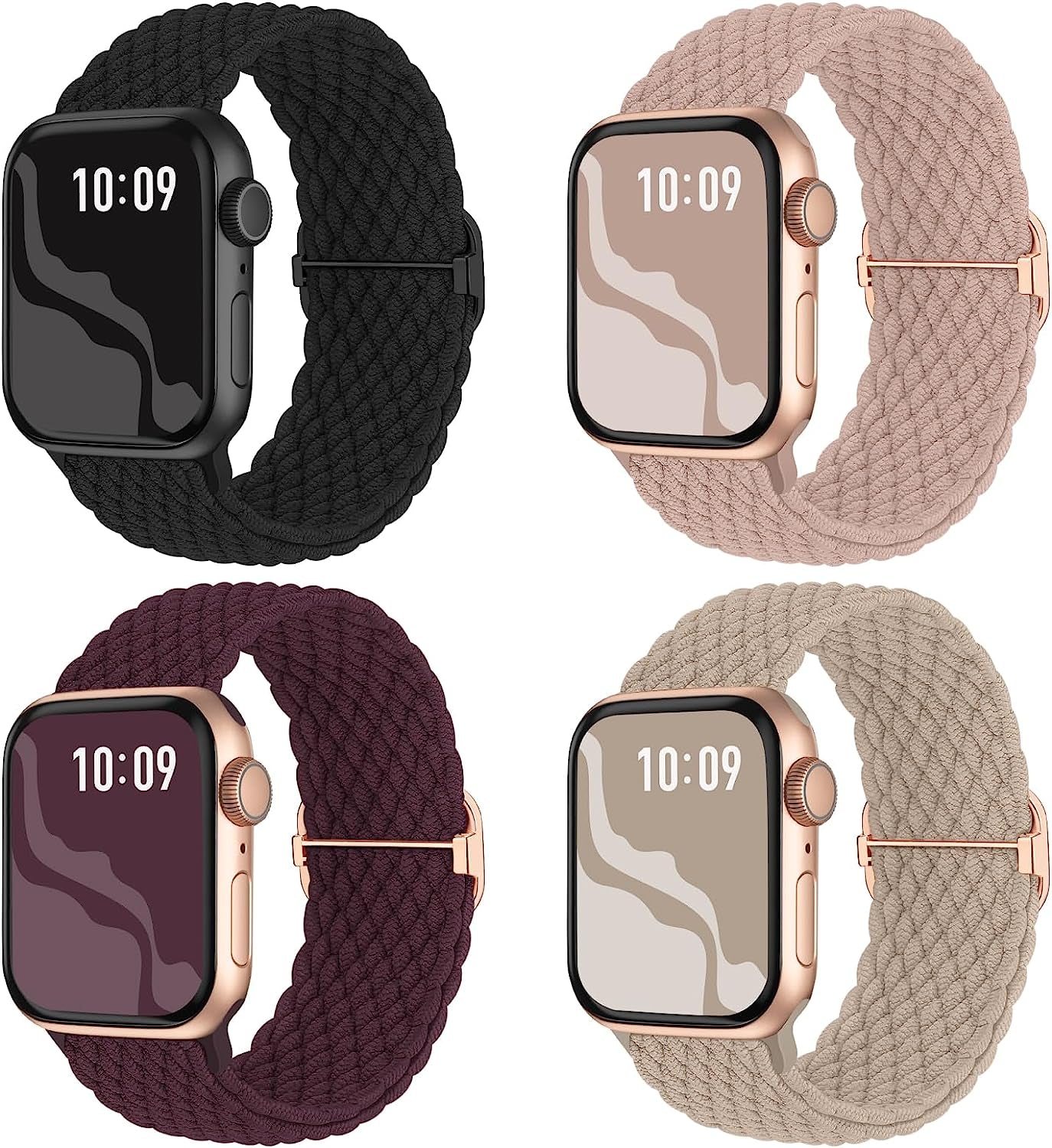 Braided Stretchy Solo Loop Compatible for Apple Watch Band 38Mm 40Mm 41Mm 42Mm 44Mm 45Mm 49Mm for Women Men, Nylon Elastic Straps Wristbands for Iwatch Series 8 7 6 SE 5 4 3 2 1 Ultra, 4Packs  Suitisbest Milk Tea/Nude Pink/Wine/Black 38/40/41mm 