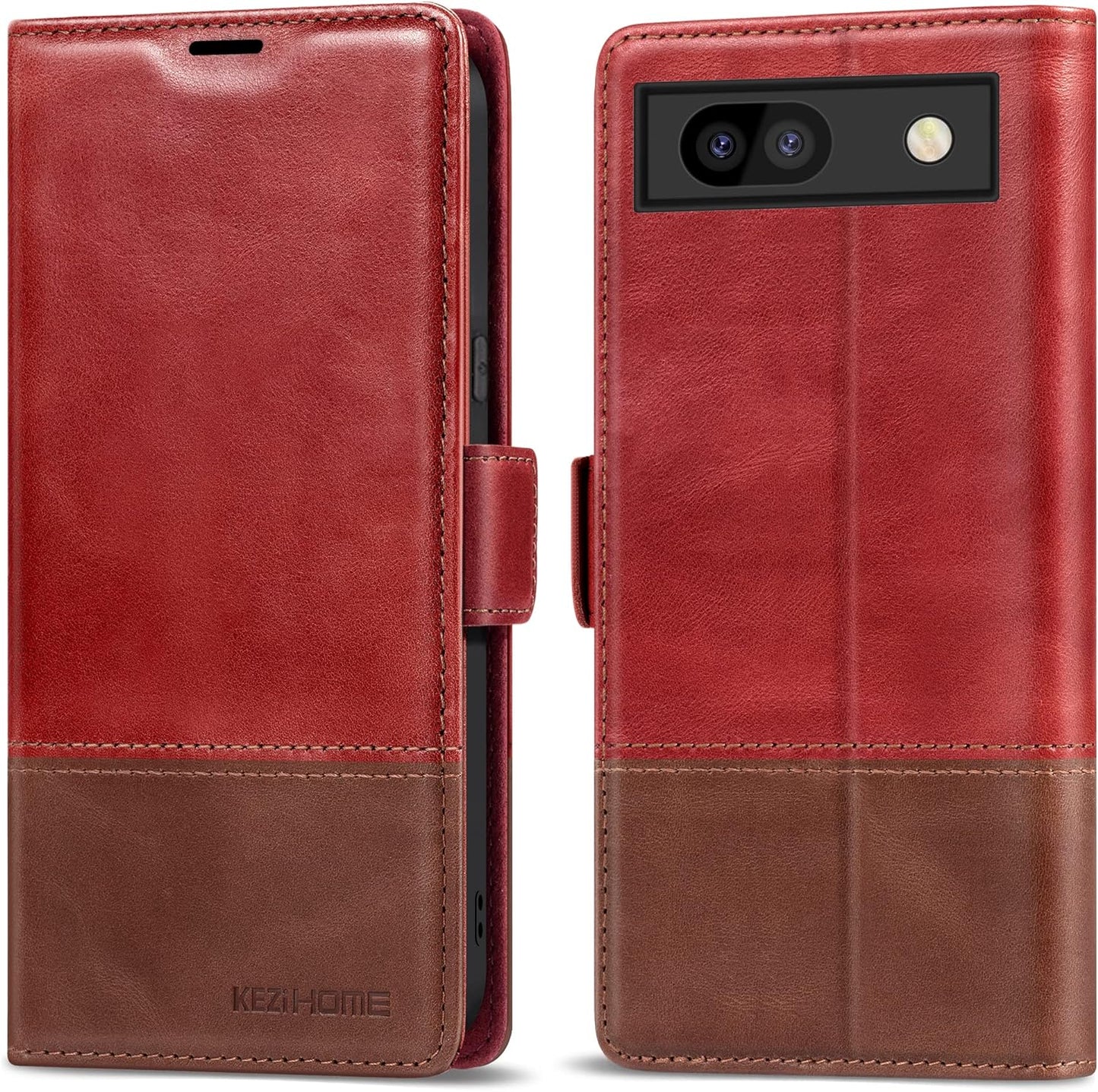 Kezihome Case for Google Pixel 7A, Genuine Leather Wallet Case with Card Holder [RFID Blocking] Kickstand Flip Protective Heavy Duty Phone Cover for Google Pixel 7A 5G 2023 (Red/Brown)  KEZiHOME   