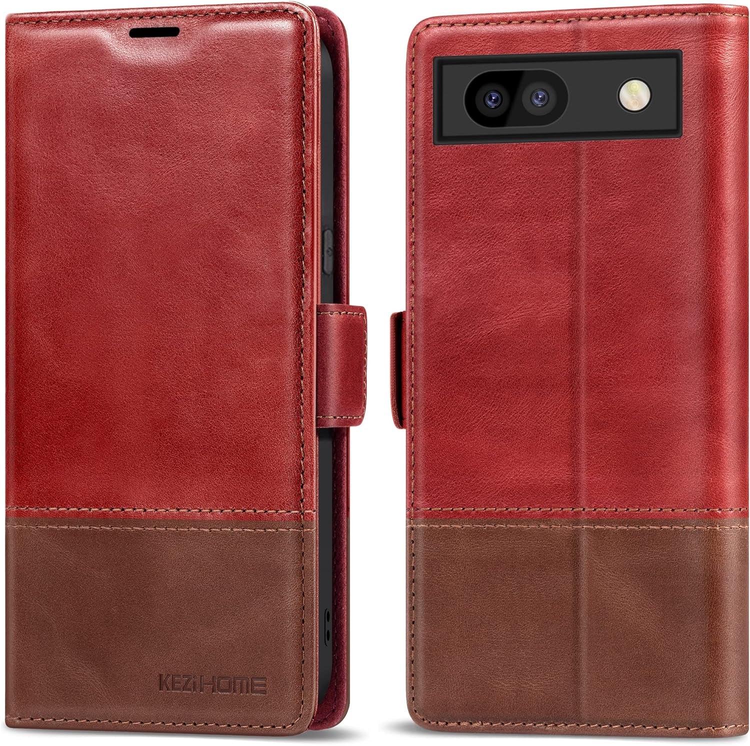 Kezihome Case for Google Pixel 7A, Genuine Leather Wallet Case with Card Holder [RFID Blocking] Kickstand Flip Protective Heavy Duty Phone Cover for Google Pixel 7A 5G 2023 (Red/Brown)  KEZiHOME   