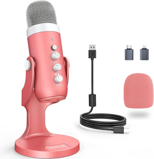 Zealsound Gaming USB Microphone,Pink Microphone with Quick Mute for Phone Computer PC Ps5,Studio Mic with Gain Control,Echo&Monitor Volume Adjust for Streaming Vocal Recording ASMR Podcast Video K66  ZealSound   