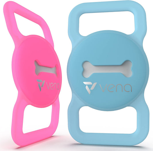 Vena Glow in the Dark Anti-Scratch Silicone Case Compatible with Apple Airtag for Dog Cat Pet Collar (2 Packs), Protective Airtag GPS Holder for Pet Loop Collar and Backpack (Light Blue/Pink)  VENA   