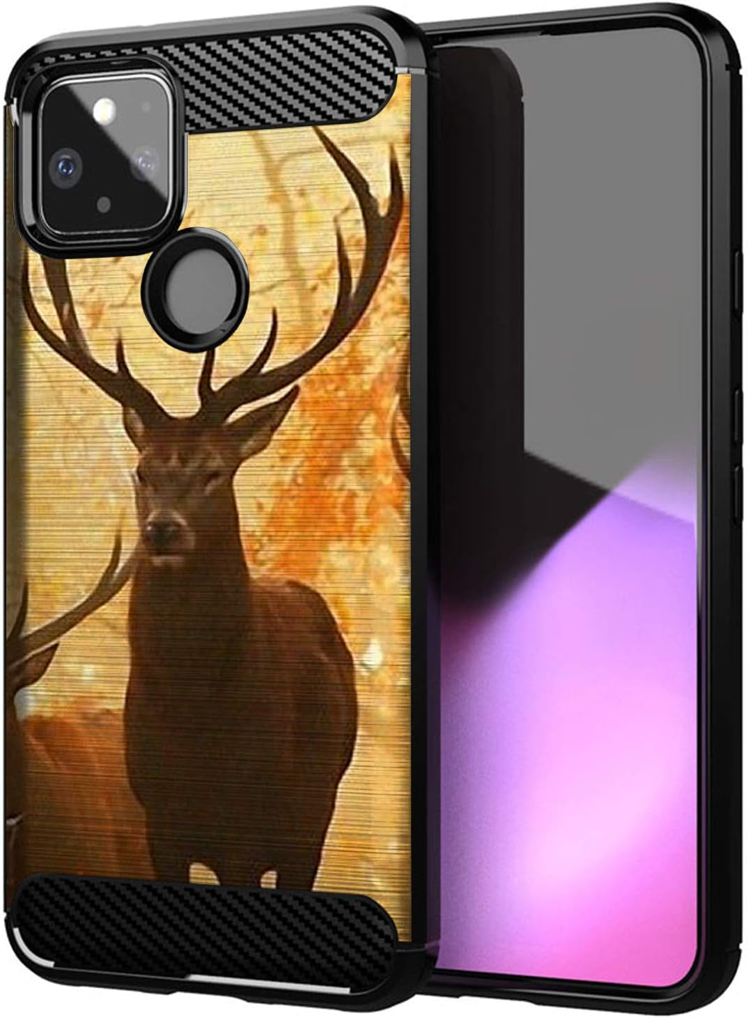 Casesondeck Camo Case Compatible with Google Pixel 4A 5G (2020), Carbon Fiber Texture Slim Fitted Matte Cover with Design (Sunset Deer)  Cases on Deck   