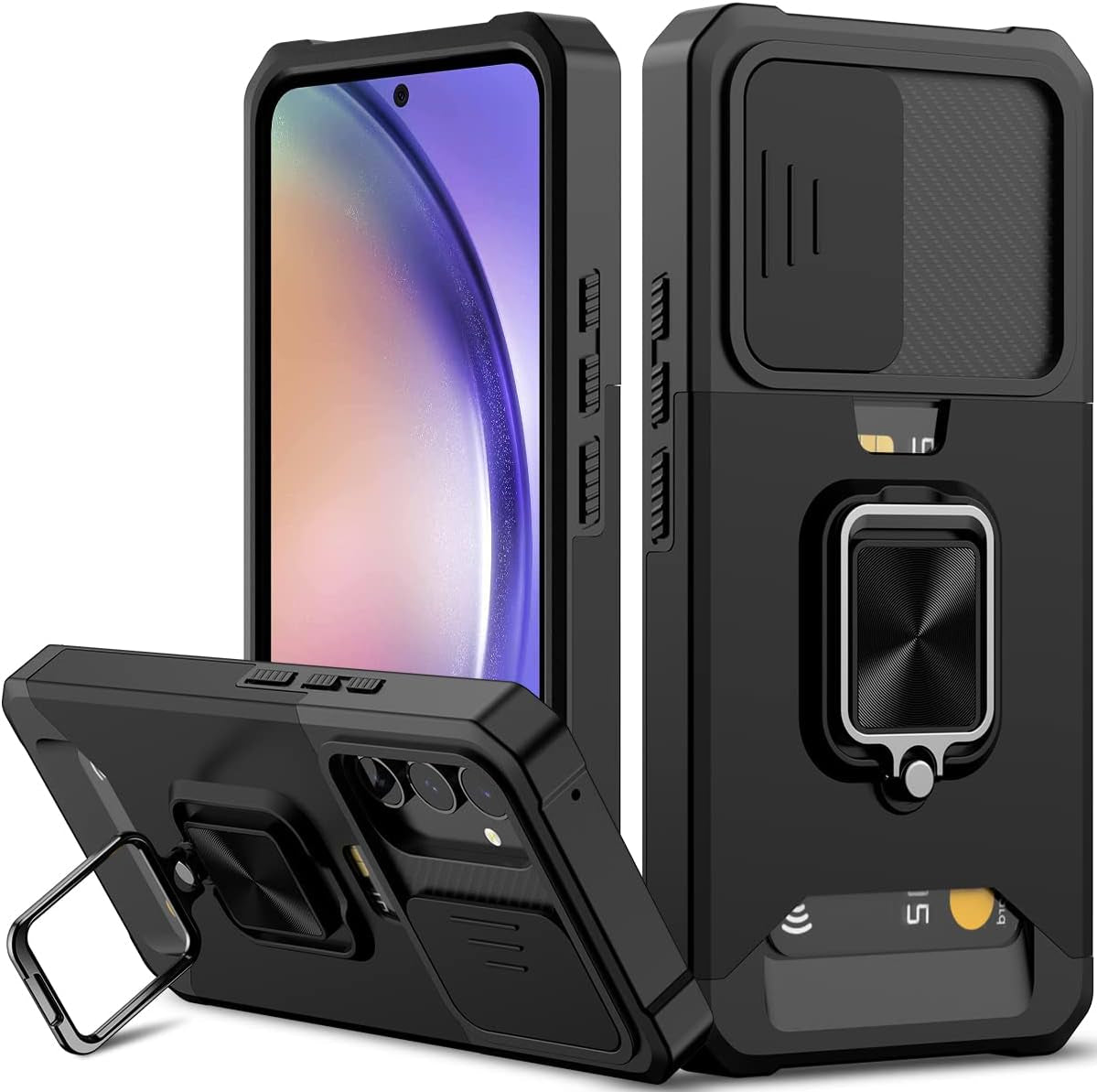 Nvollnoe for Samsung A53 5G Case with Sliding Camera Cover Heavy Duty Protective Galaxy A53 Case with Card Holder Magnetic Rotate Ring Kickstand Phone Case for Samsung A53(Black)  Nvollnoe Black For Galaxy A54 5G 