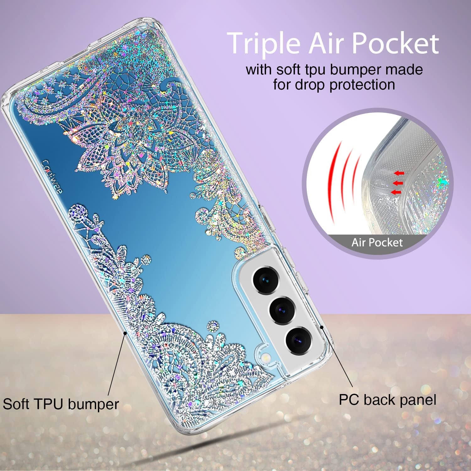 Coolwee Clear Glitter for Galaxy S22, 6.1 Inch, Thin Flower Slim Cute Crystal Lace Bling Shiny for Women Girls Floral Plastic Hard Back Soft TPU Bumper Protective Cover for Samsung S22 Mandala Henna  Coolwee   