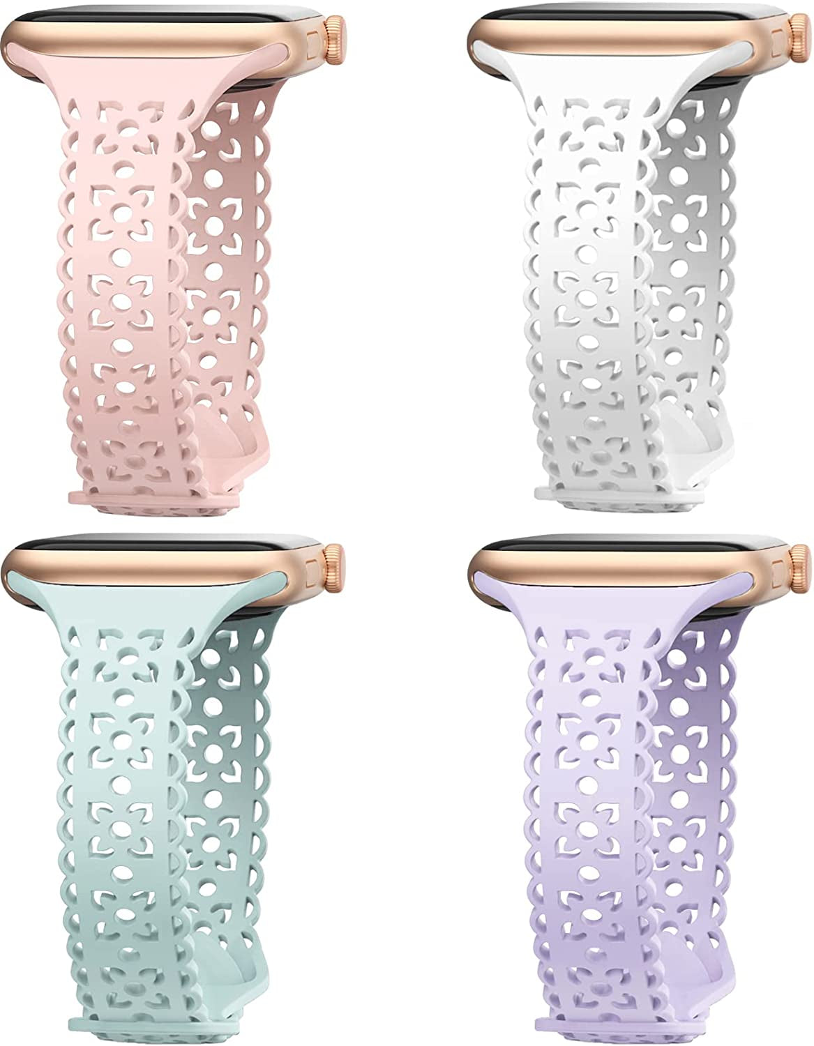 4 Pack Lace Silicone Band Compatible with Apple Watch Bands 40Mm 44Mm 41Mm 45Mm 38Mm 42Mm Women,Thin Slim Hollow-Out Sport Strap Replacement Wristbands for Iwatch Series Ultra 8 7 6 5 4 3 2 1 SE  HEARTBOOM Light Green/Light Purple/White/Dark Pink 42mm/44mm/45mm/49mm 