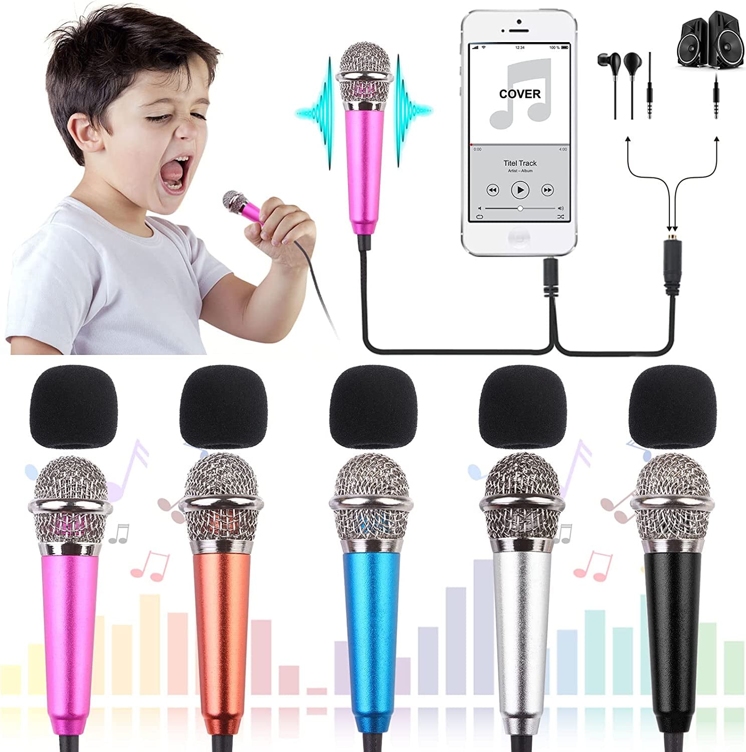 5-Piece Mini Microphone Tiny Microphone Mini Mic for Recording Voice and Singing on Iphone, Android Phones or Tablet, Metal, with 113 Cm Cord, 3.5 Mm Input (Rose Red, Rose Gold, Silver, Blue, Black)  Hopeson   