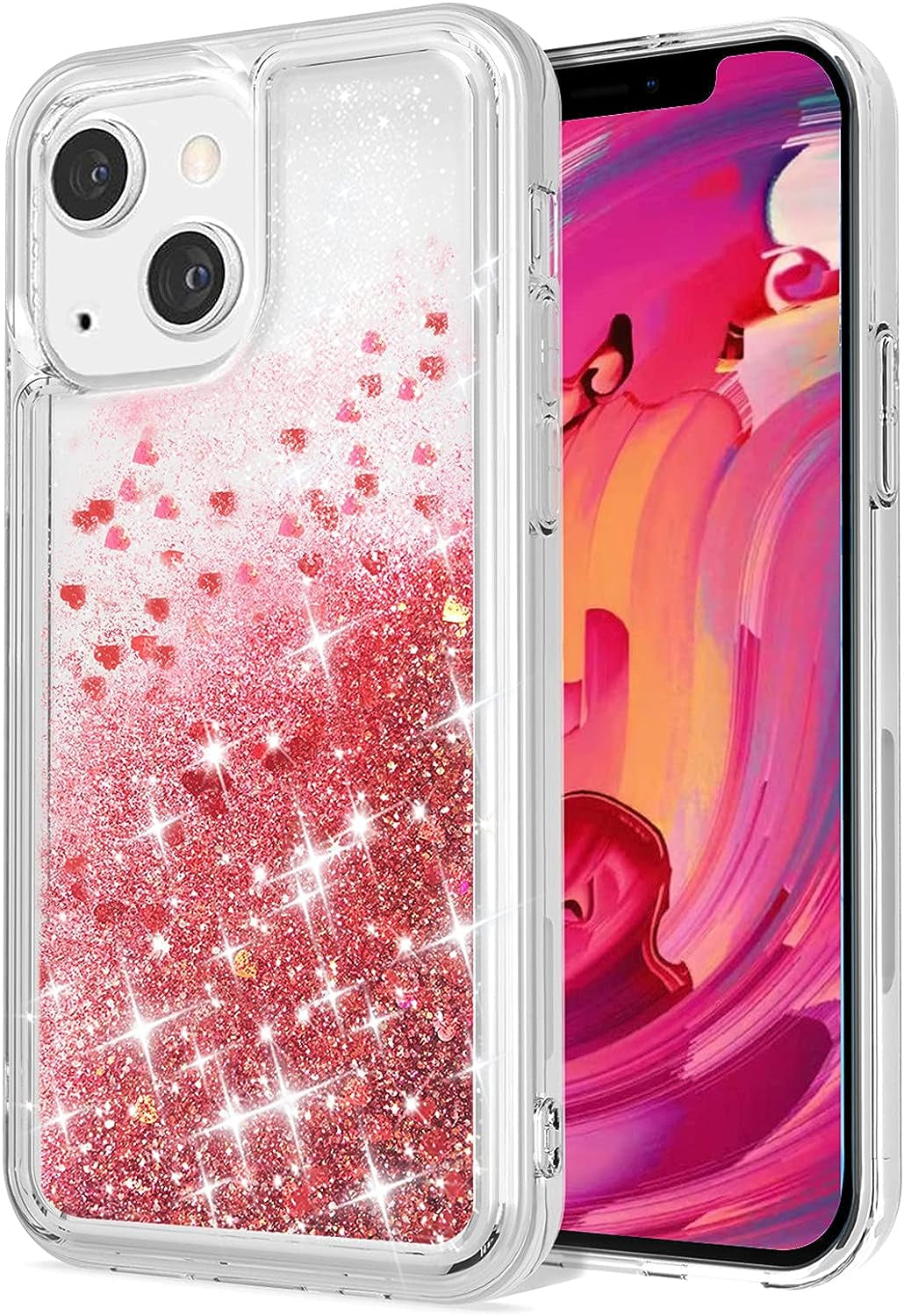 WORLDMOM Compatible with Iphone 13 Case,Clear Bling Flowing Liquid Floating Sparkle Colorful Glitter Waterfall TPU Protective Phone Case Compatible with Iphone 13 [6.1 Inch 2021], Silver  WORLDMOM Red  