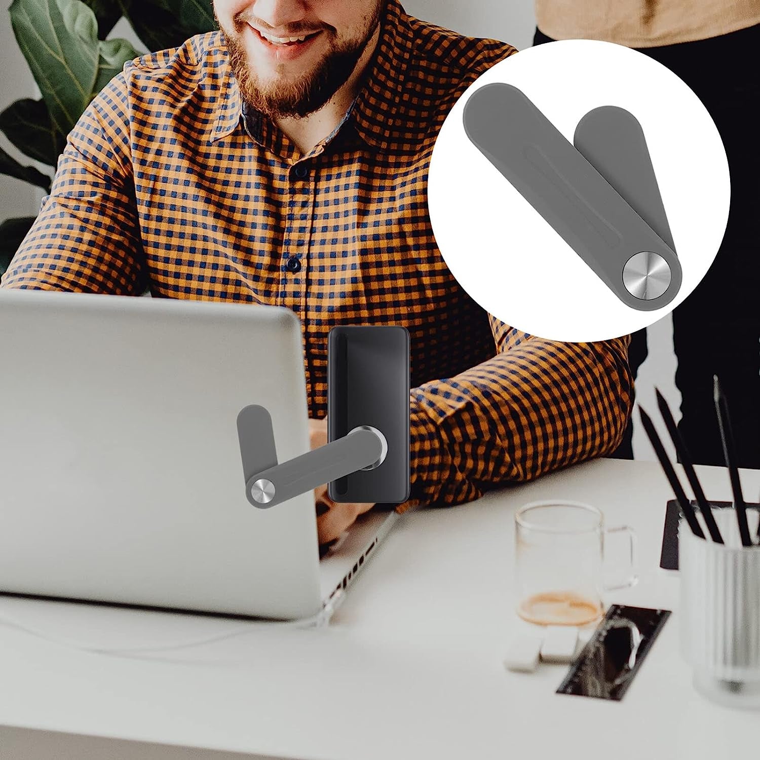 SOLUSTRE Magnetic Laptop Phone Holder Adjustable Phone Monitor Side Mount Foldable Computer Expansion Bracket Compatible with Any Phone Light Grey  SOLUSTRE   