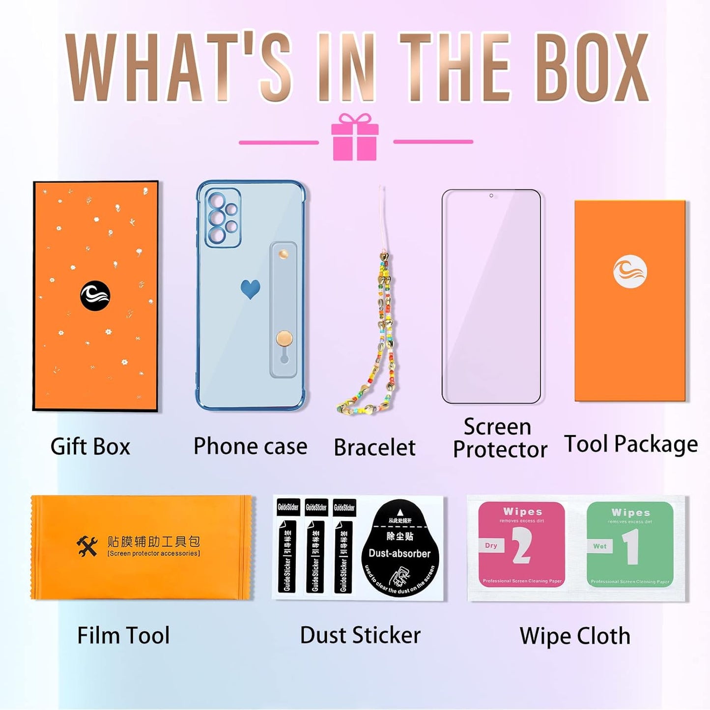 Likiyami (3In1 for Samsung Galaxy A53 5G Case Heart Women Girls Cute Girly Aesthetic Trendy Luxury Pretty with Loop Phone Cases Blue and Gold Plating Love Hearts Cover+Screen+Chain for A53 5G -6.5''  Likiyami   