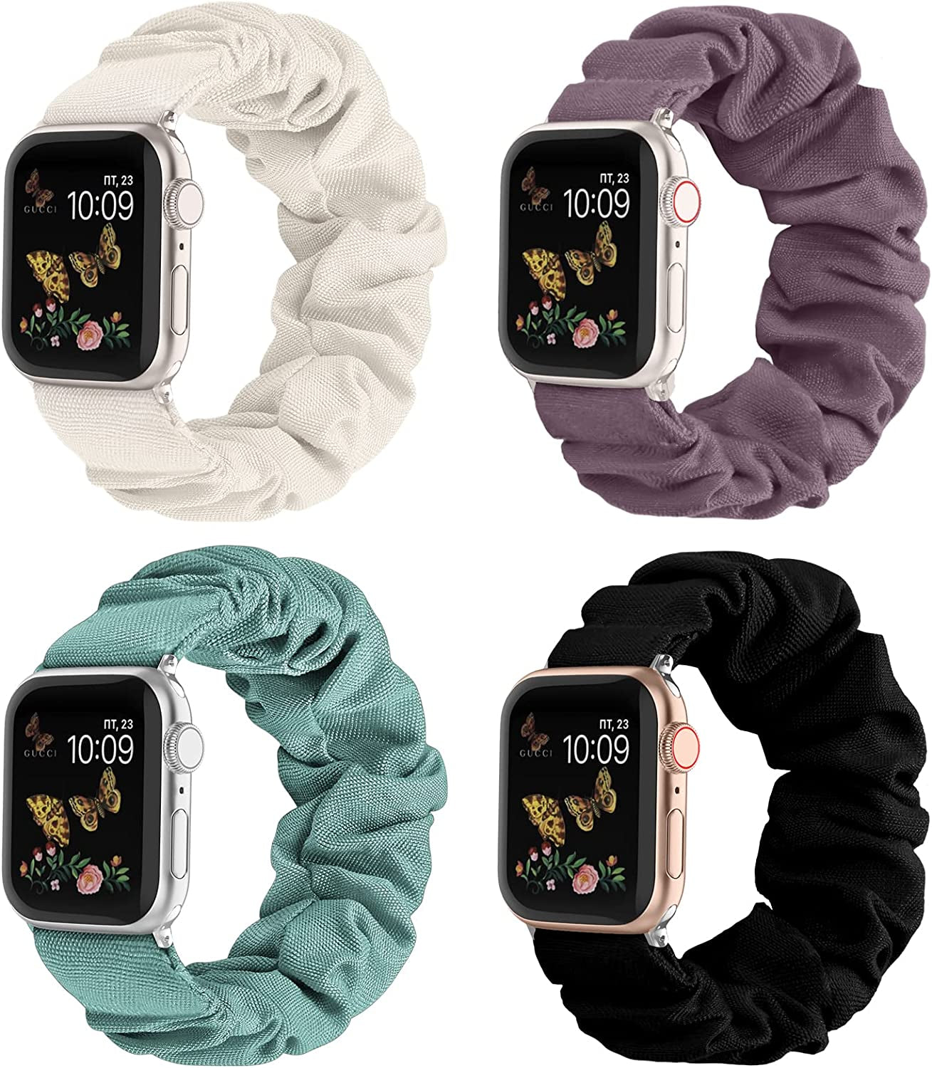 Recoppa Compatible for Apple Watch Band Scrunchie 38Mm 40Mm 41Mm 42Mm 44Mm 45Mm Cute Printed Elastic Solo Loop Bands Women Bracelet Strap for Iwatch Series 8 7 6 5 4 3 2 1 SE, 4 Packs  Recoppa Black/Starlight/Cactus/Smoke Violet 42mm/44mm/45mm-Small 