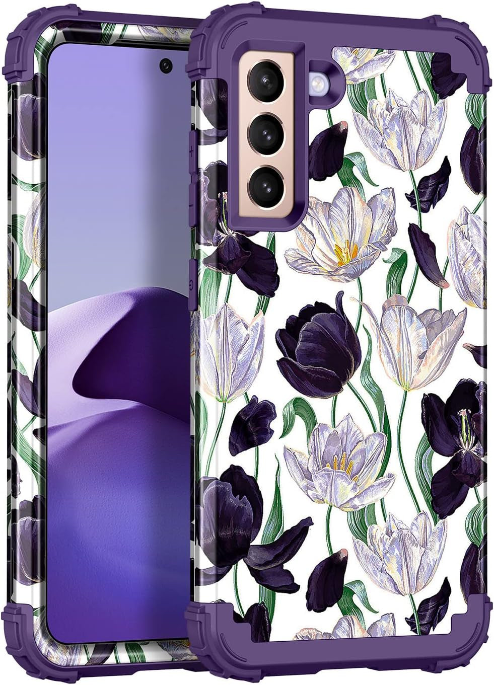 Rancase for Galaxy S21 5G Case,Three Layer Heavy Duty Shockproof Protection Hard Plastic Bumper +Soft Silicone Rubber Protective Case for Samsung Galaxy S21 5G 6.2 Inch,Purple Mandala  Rancase White/Purple  