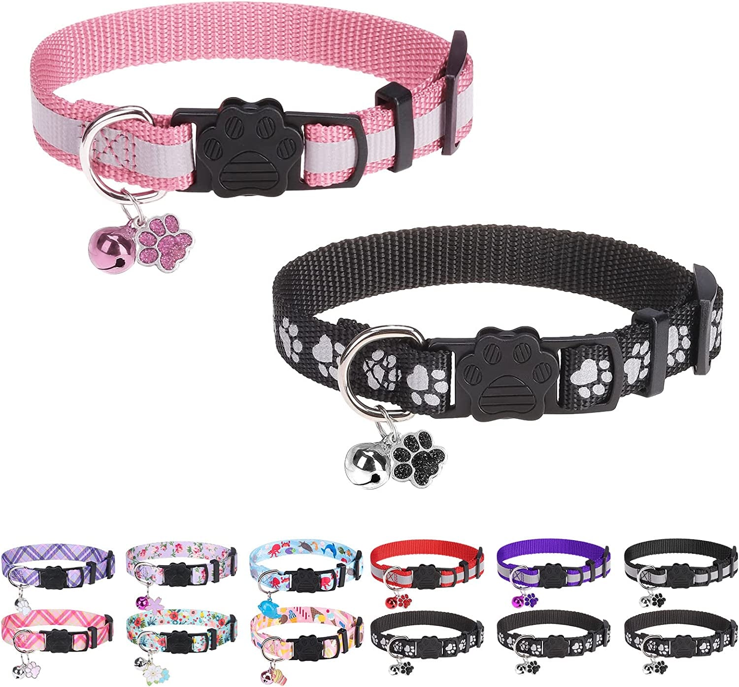 DILLYBUD Reflective Cat Collars Breakaway for Big Cats/Adult Cats Boys and Girls with Bell and Charm, 3/5" Width Safety Buckle Nylon Kitten Collar, 2 Pack Adjustable Soft Cute Pet Collar for Summer  DILLYBUD 2 Pack-Black+Pink 3/5" Width 