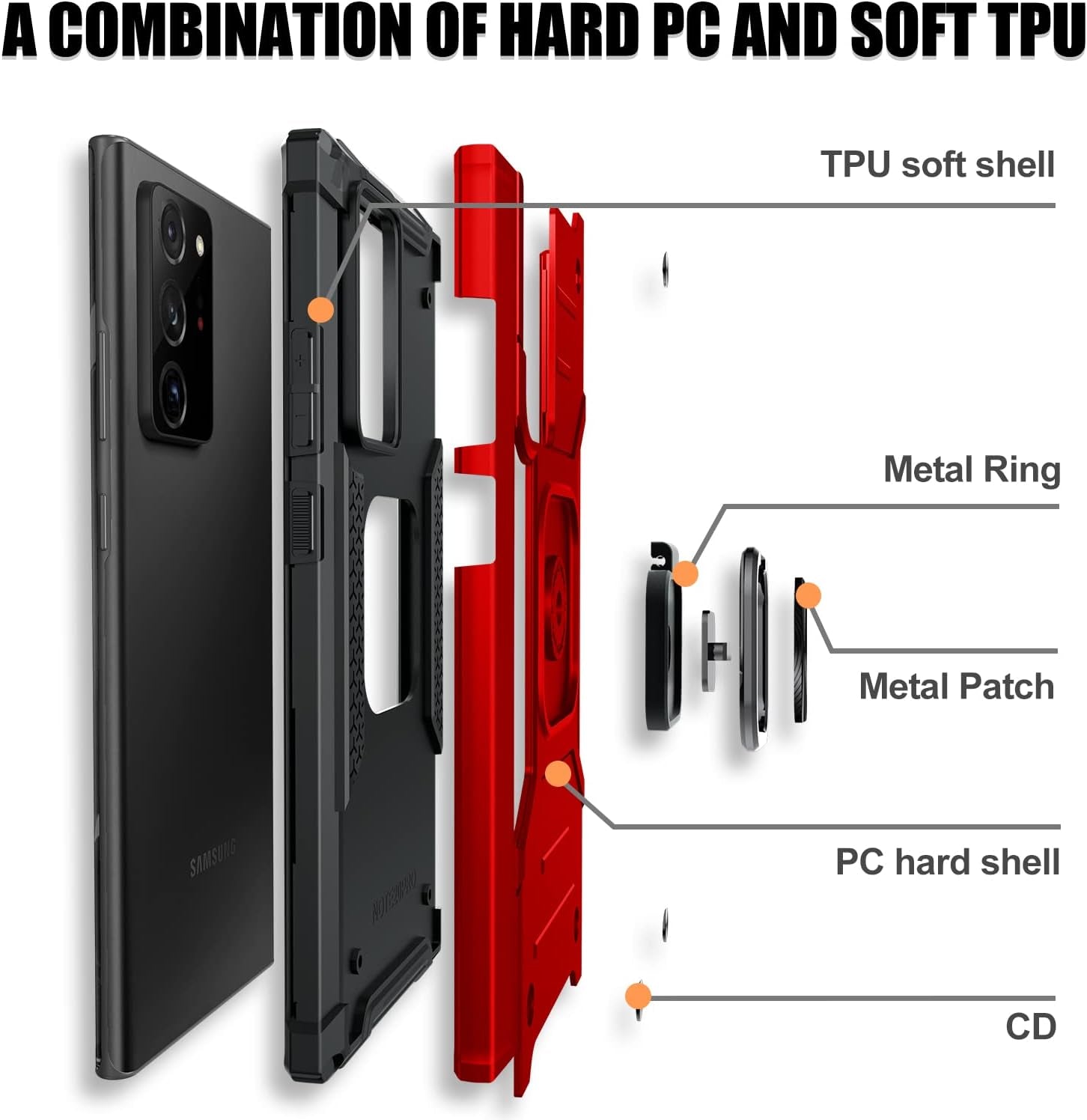 JAME for Samsung Galaxy Note 20 Ultra Case, Military-Grade Drop Protective Phone Case Cover for Note 20 Ultra, with Metal Ring Holder Kickstand for Galaxy Note 20 Ultra Case, Red  JAME   