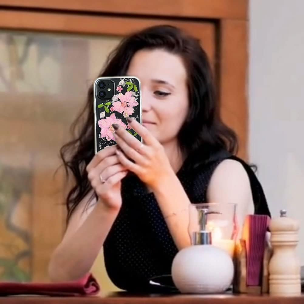 Abbery Designed for Iphone 12 Mini Case Glitter Flower Cute Bling Sparkle Clear with Design Soft Silicone TPU Real Dried Pressed Flowers Floral Aesthetic Phone Cover for Women Girls (3 Pink Flower)  Abbery   