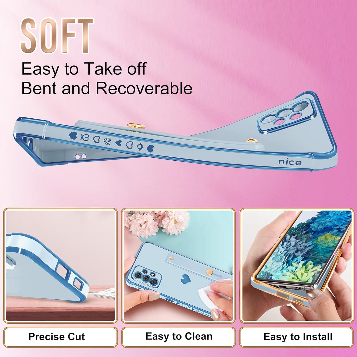 Likiyami (3In1 for Samsung Galaxy A53 5G Case Heart Women Girls Cute Girly Aesthetic Trendy Luxury Pretty with Loop Phone Cases Blue and Gold Plating Love Hearts Cover+Screen+Chain for A53 5G -6.5''  Likiyami   