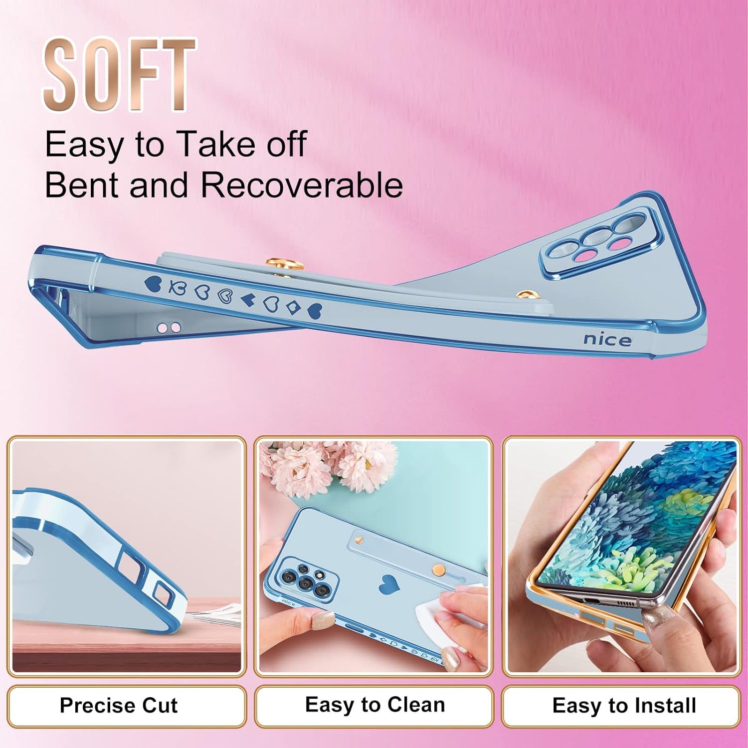 Likiyami (3In1 for Samsung Galaxy A53 5G Case Heart Women Girls Cute Girly Aesthetic Trendy Luxury Pretty with Loop Phone Cases Blue and Gold Plating Love Hearts Cover+Screen+Chain for A53 5G -6.5''  Likiyami   